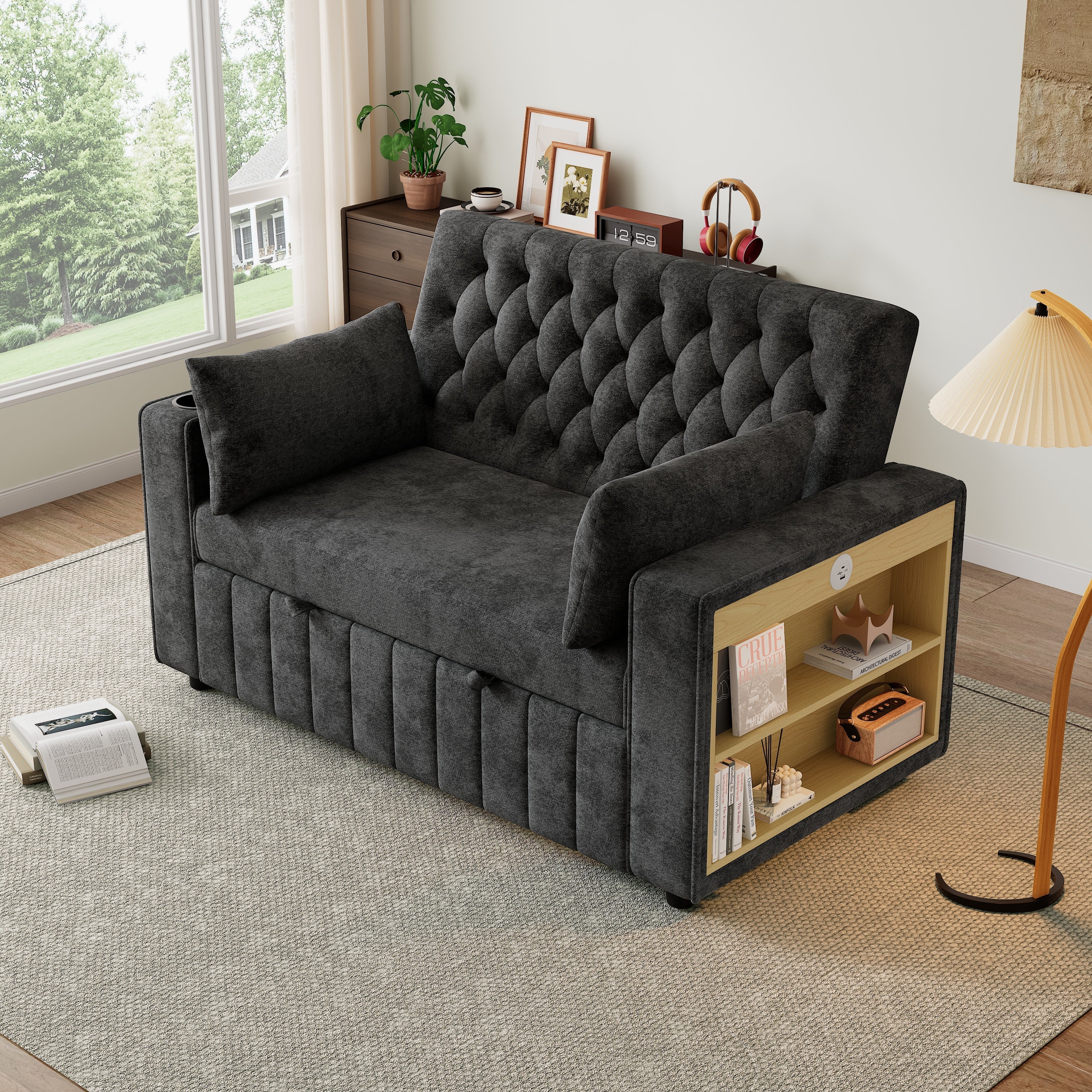 Sofa Bed, Folding with Storage, Cup Holder, USB, Gray