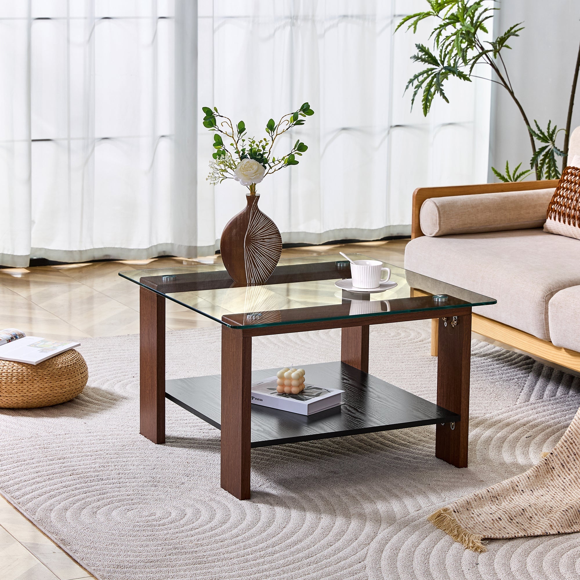 Modern Coffee Table with Storage and Tempered Glass Top, 65x41x45.5cm, Walnut Wood