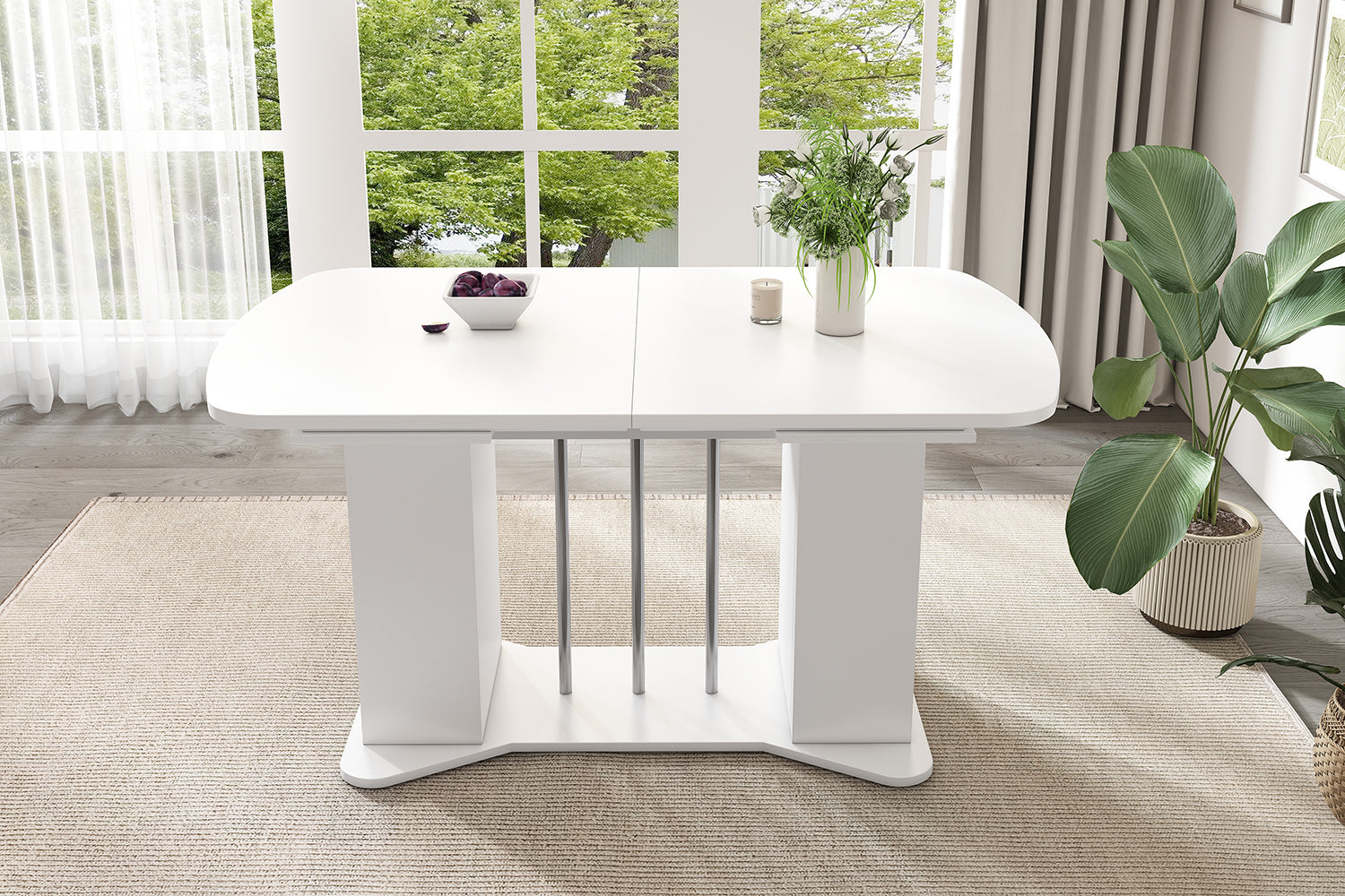 Extendable Dining Table 120/160x80cm Modern Storage - White/Silver Legs