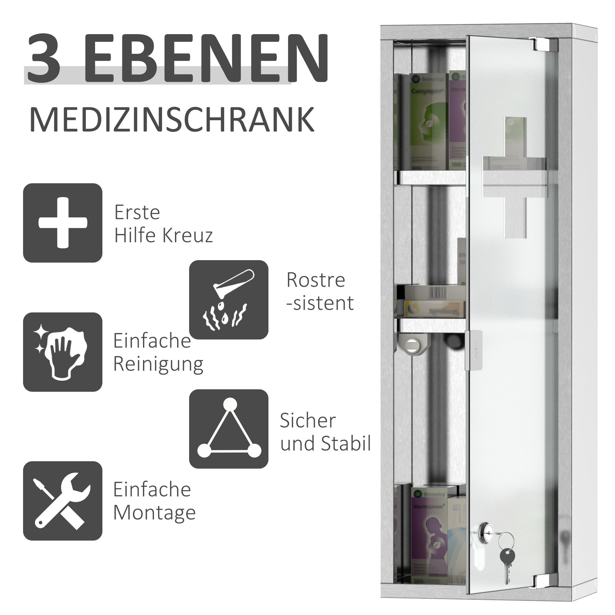 Medicine Cabinet First Aid Cabinet 20x12x58cm Home Office Stainless Steel Silver