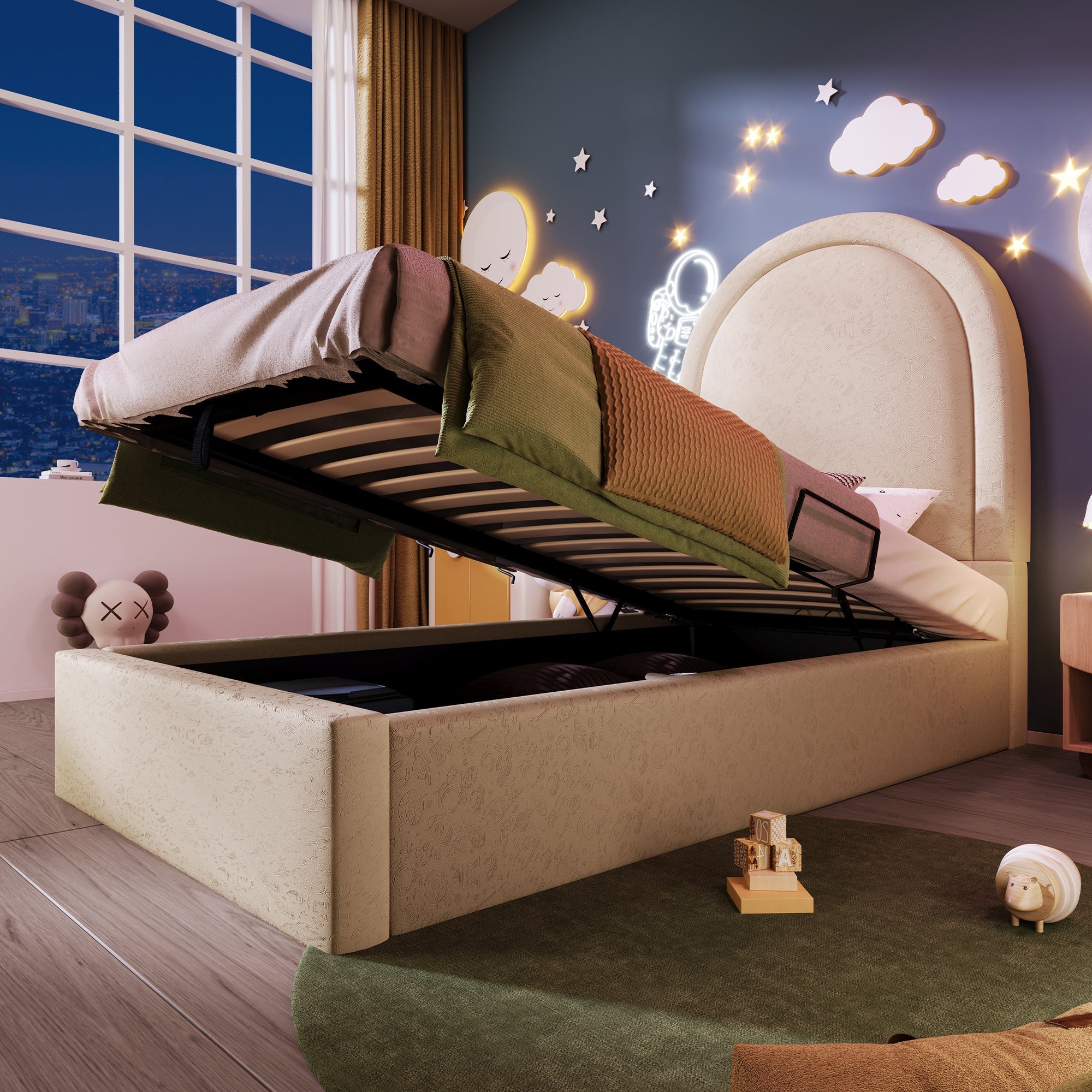 Upholstered children's bed, single bed with cosmic pattern, 90 x 190 cm, beige PU