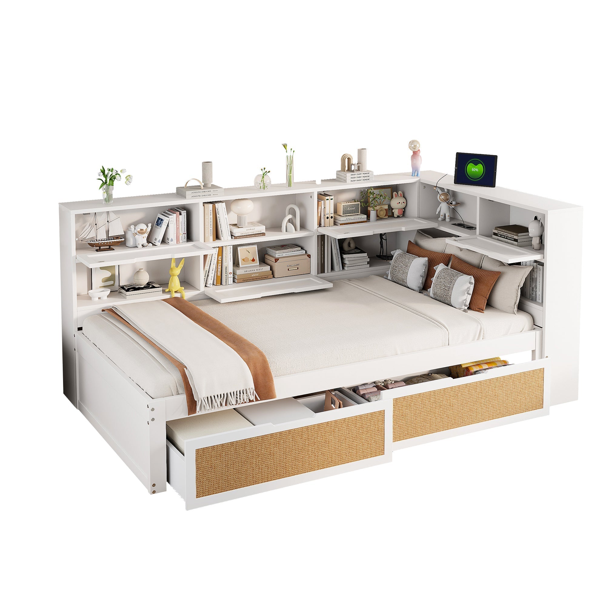 Sofa Bed, 90x200cm Multifunctional Single Bed with Drawer & Charging Port, White Solid Wood