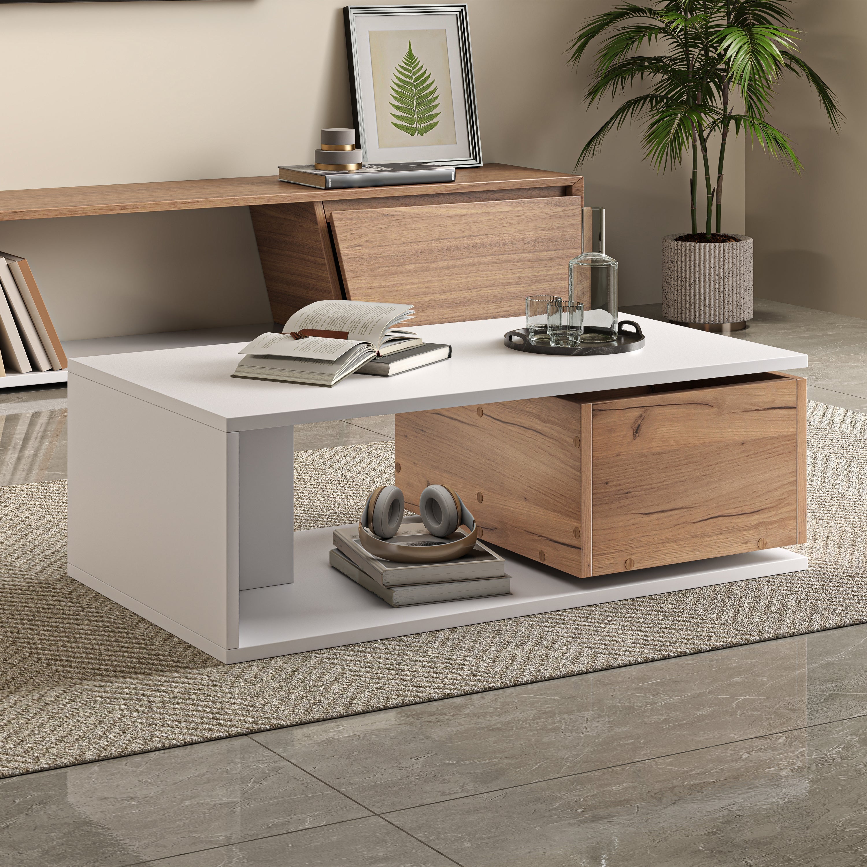 Coffee Table High-Gloss 360° Rotating Drawer Storage 90x50x30cm - White/Wood