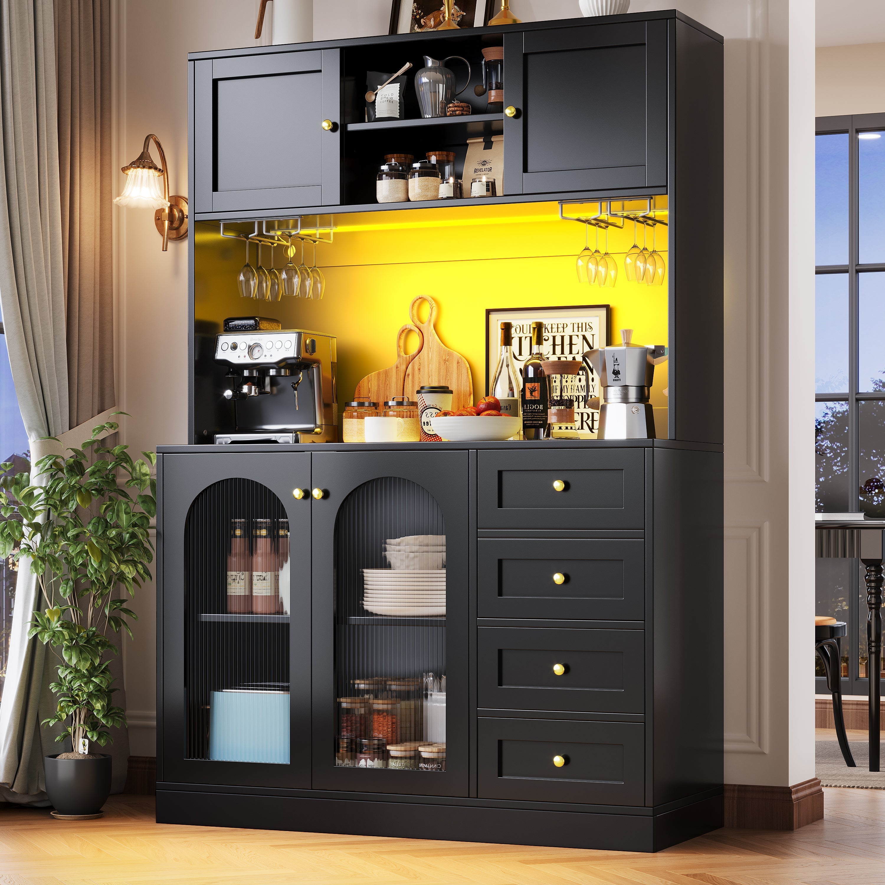 Sideboard Buffet Cabinet with 4 Doors, LED Light and Drink Holders, Black and White