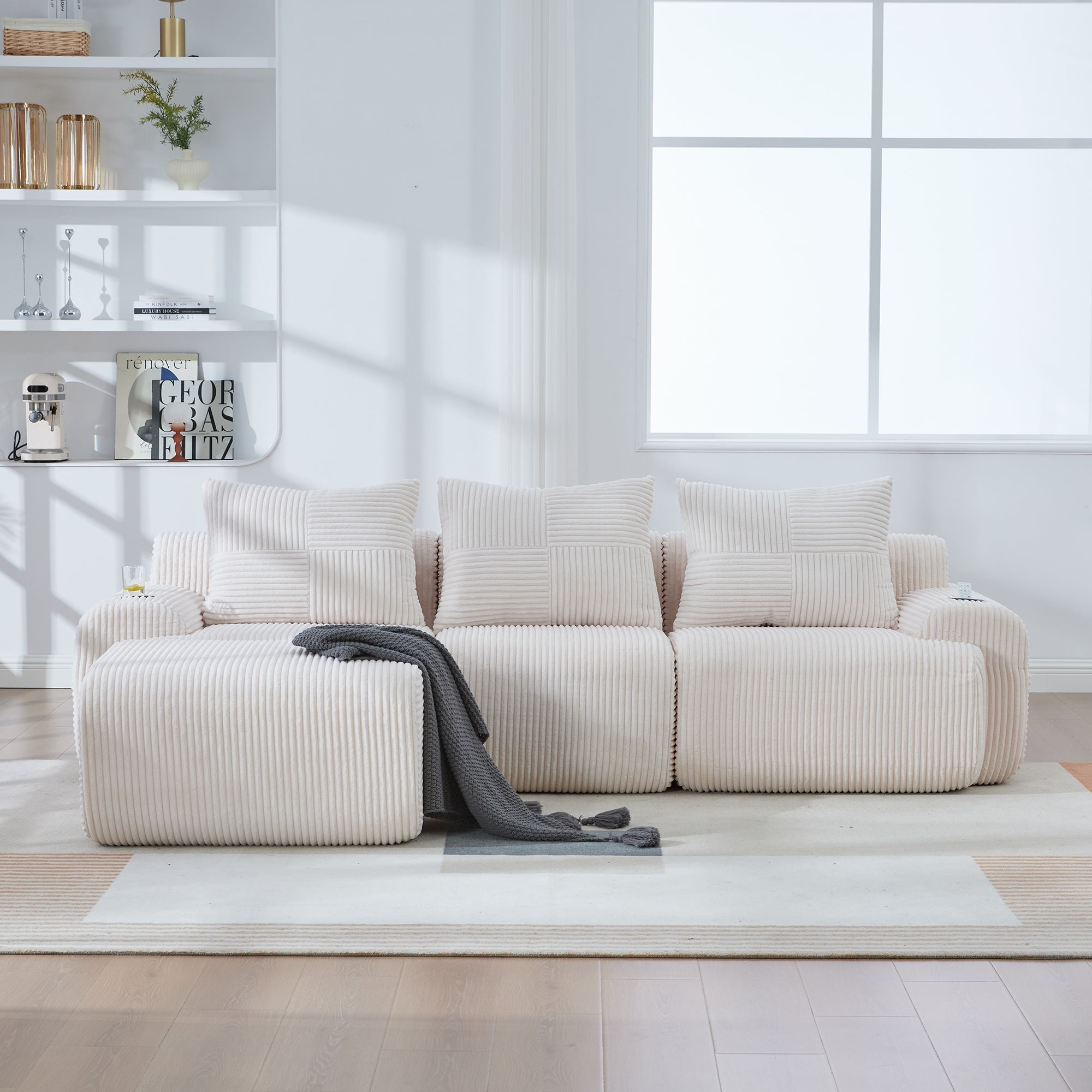 3-Seater Modular Corduroy Sofa with Ottomans, Cup Holders and Storage, Beige