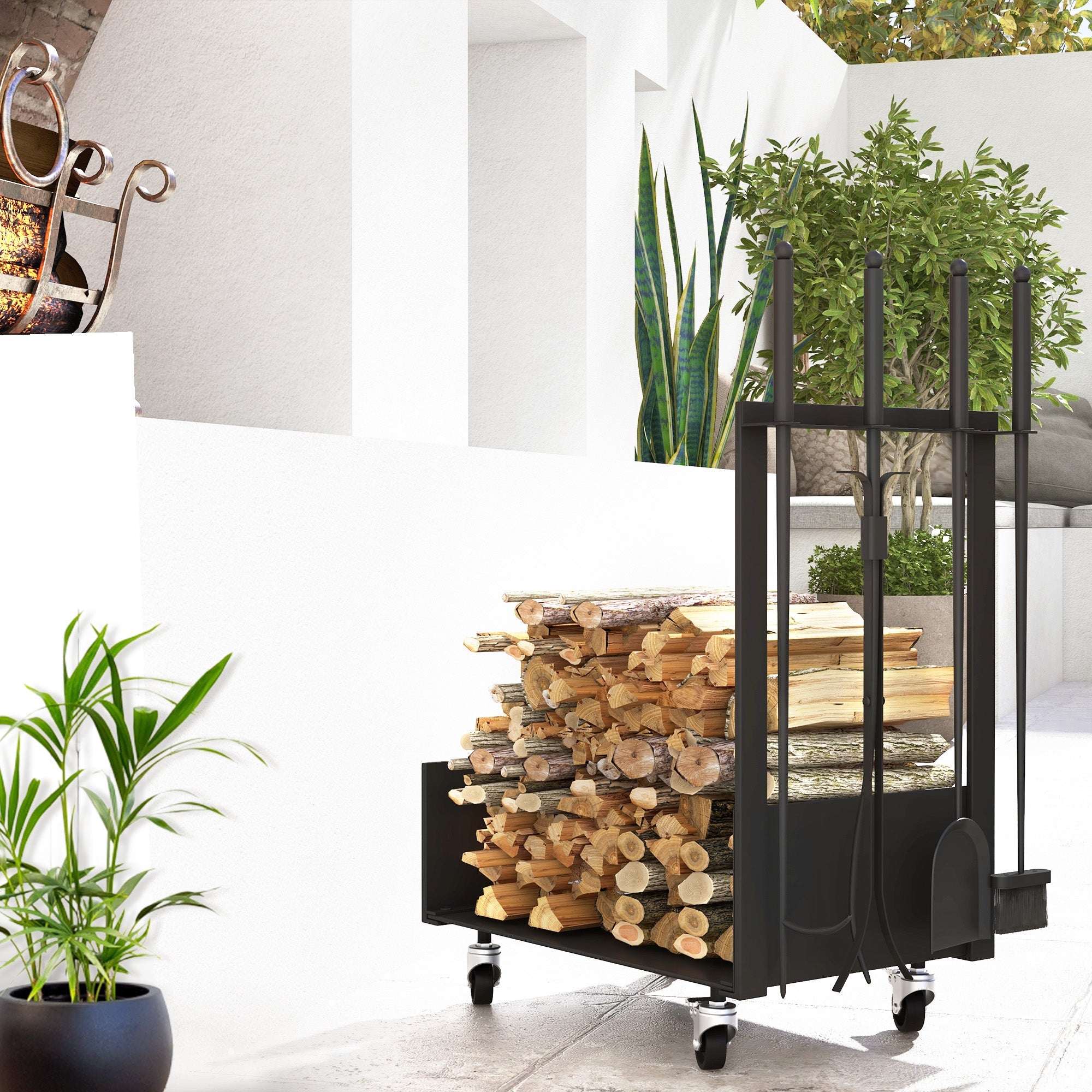 Firewood Rack with Tools, Wheels, Side Hooks, Black Metal