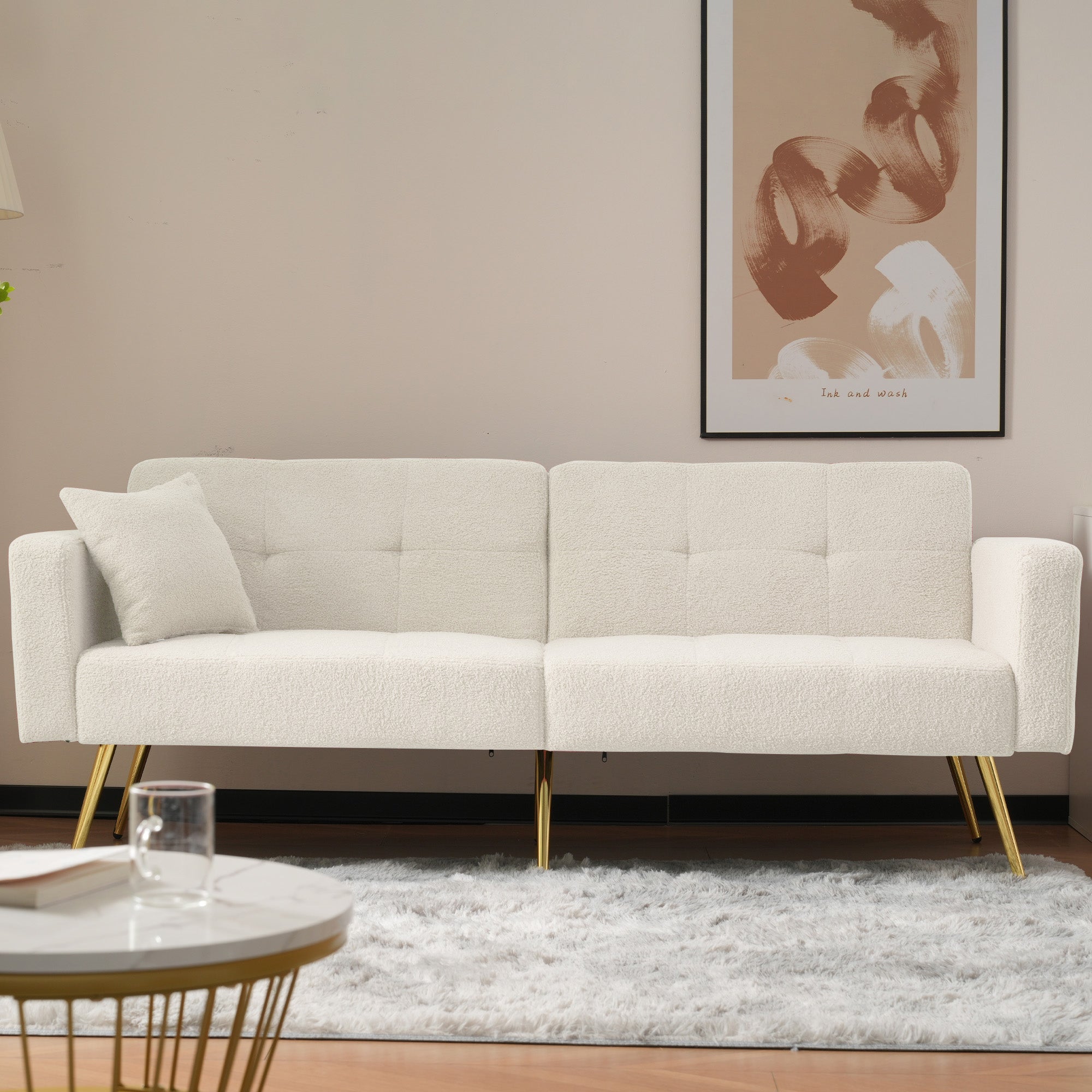 Sofa Bed, 3-Angle Adjustable Back, Gold Legs & Storage Pockets, Sherpa Fabric