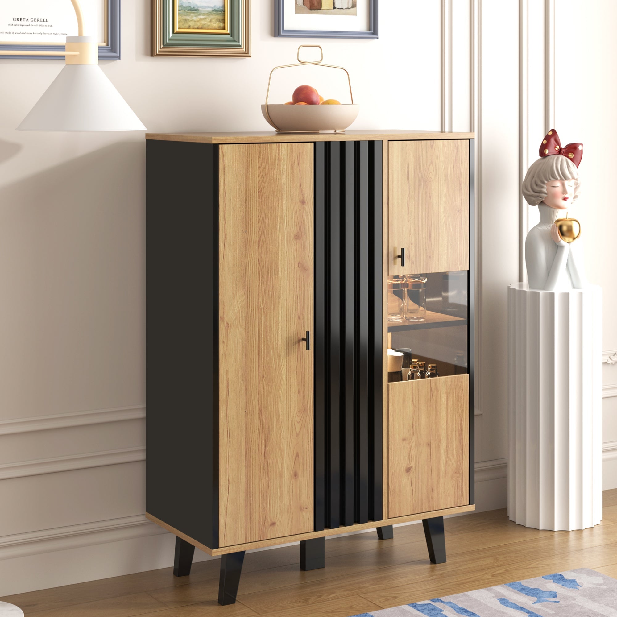 Sideboard, Display Cabinet with Glass and LED Lighting, Black and Wood