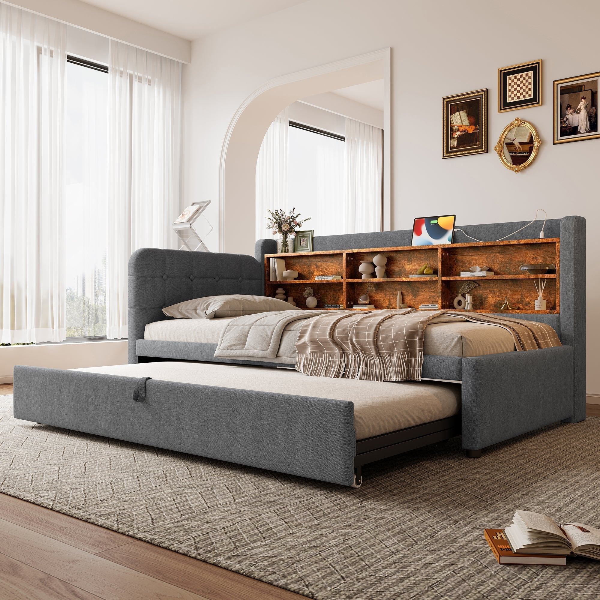 Daybed Sofa Bed 90x200cm Pull-out Storage USB/Type-C - Linen Grey