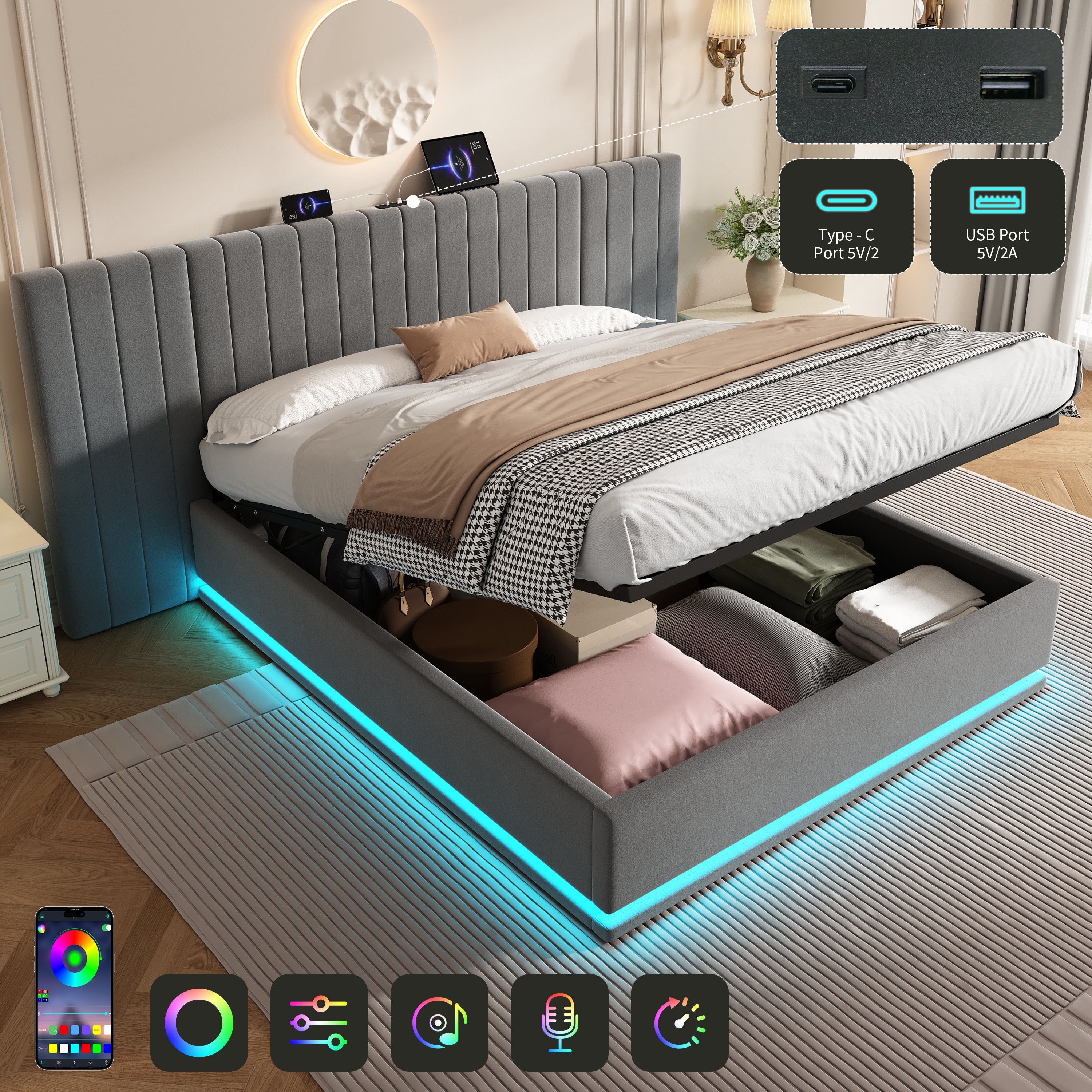 King Ottoman Bed with LED Storage and Charging Station, Velvet Grey