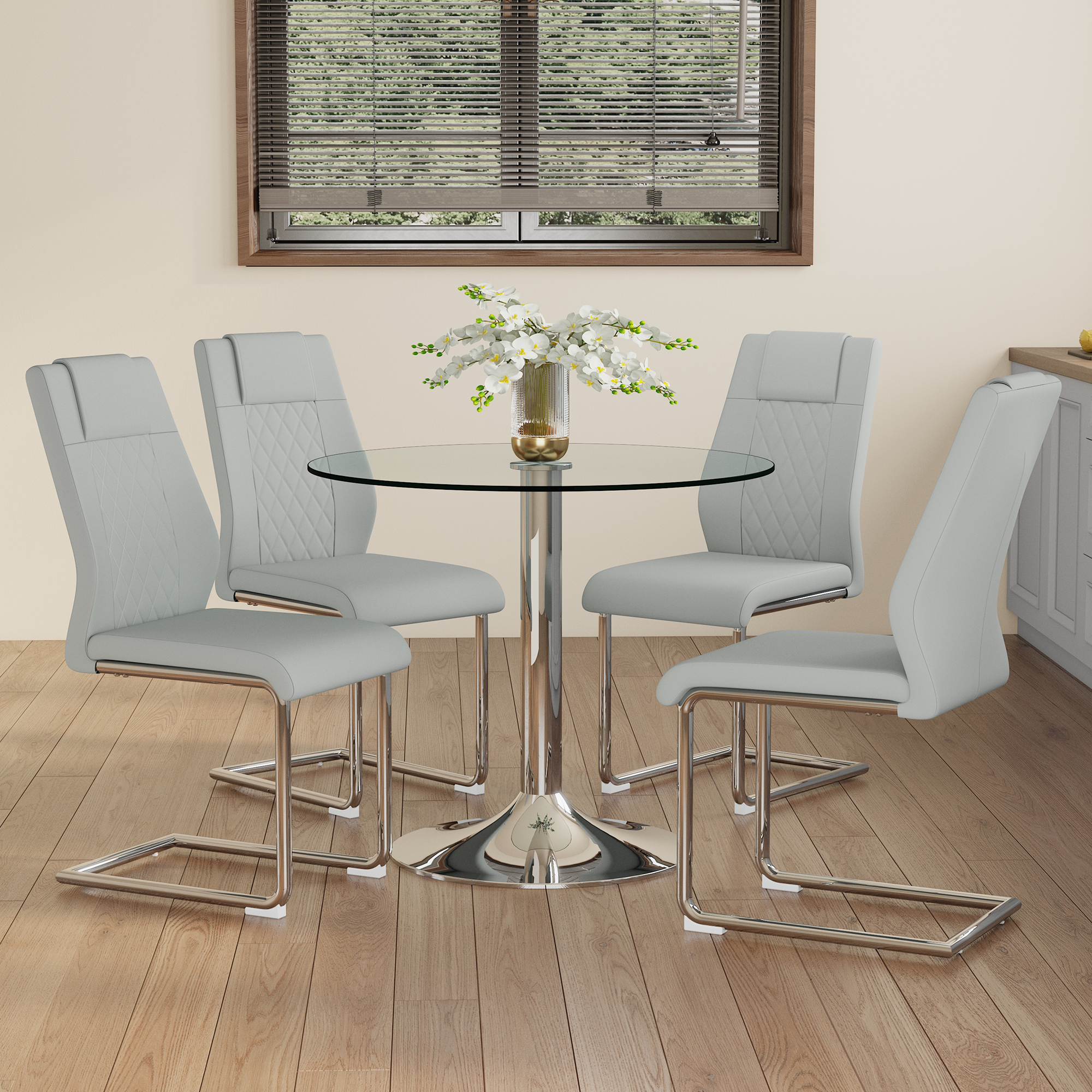 Dining Set 85cm Glass Table 4 Chairs Metal Legs - Light Grey PU