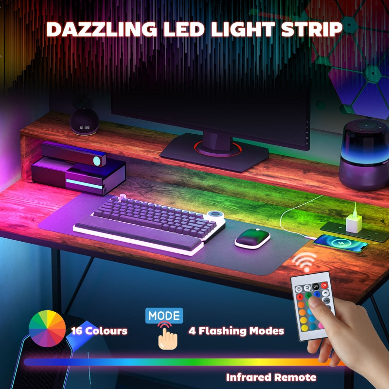 120cm Computer Desk Gaming Table LED Lights Power Outlets Monitor Stand, Rustic Brown