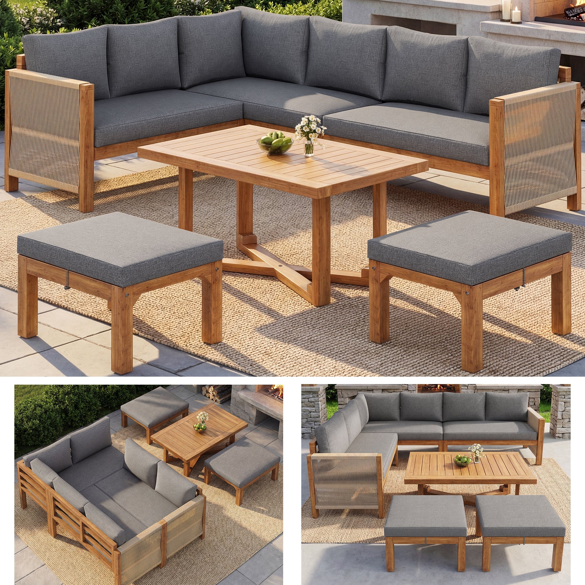 Modular Garden Furniture Set, 6-Seater Corner Sofa with 2 Stools and Table, Acacia Wood