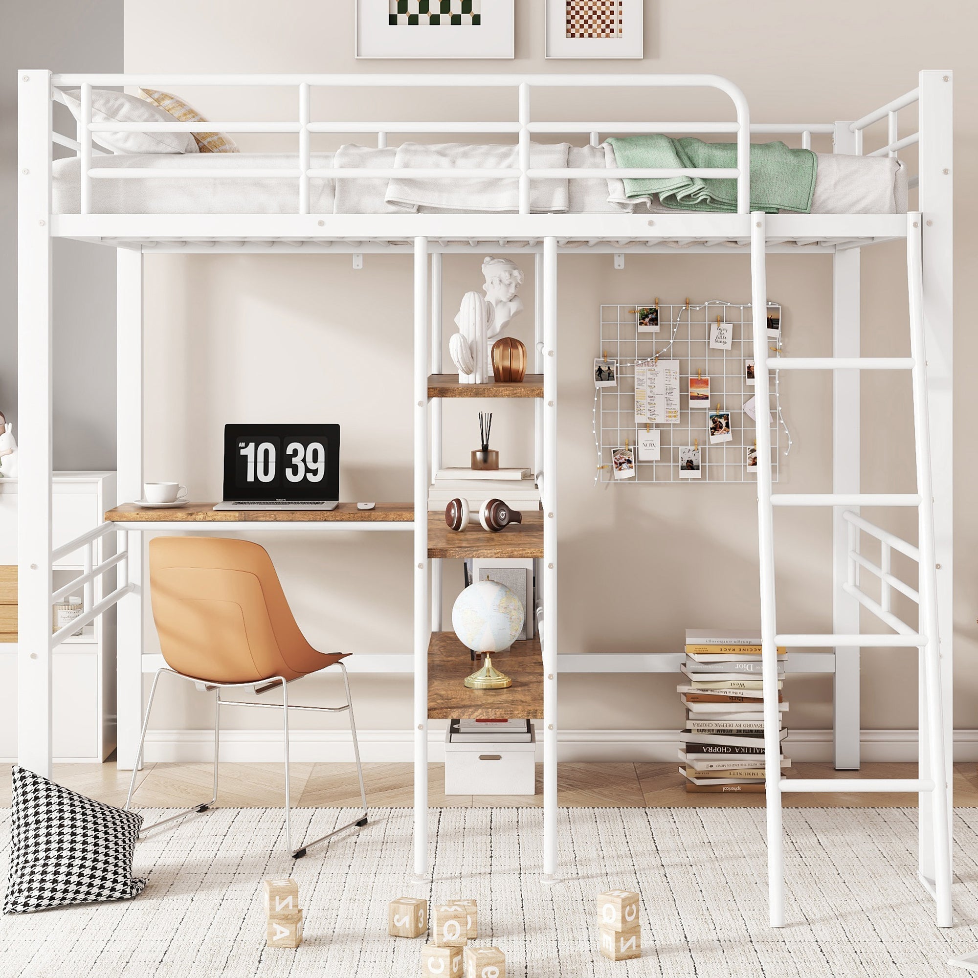 Loft Bed 90x200cm with Desk Shelves Railing Ladder Iron Frame White