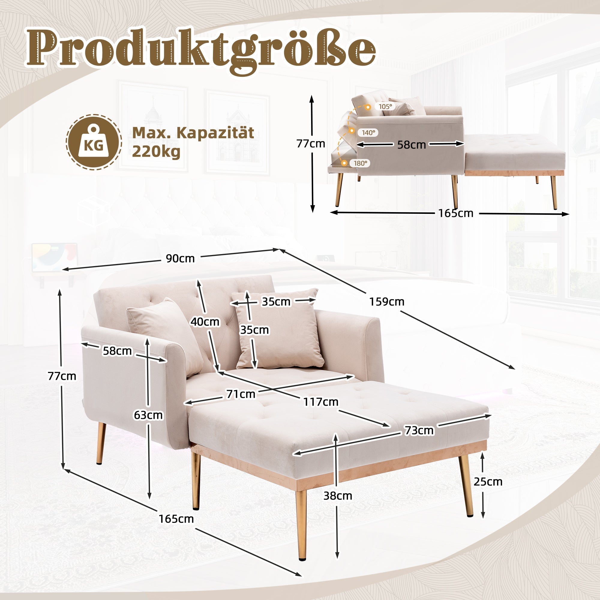 Armchair, Adjustable Backrest Recliner Folding Sofa, Beige