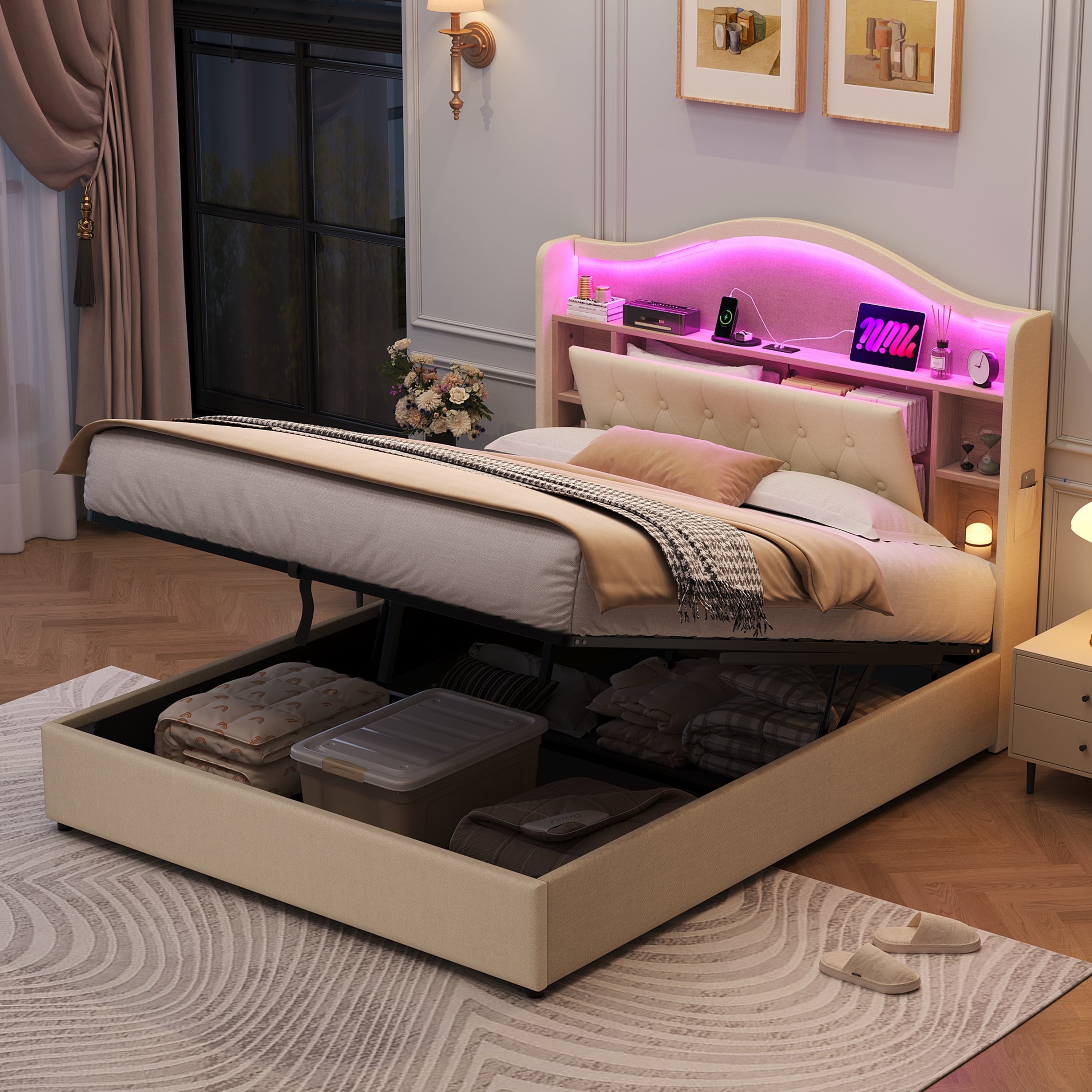 4ft6 Double Upholstered Bed Frame with Hydraulic Storage, LED Headboard & Charging Ports, Linen Beige