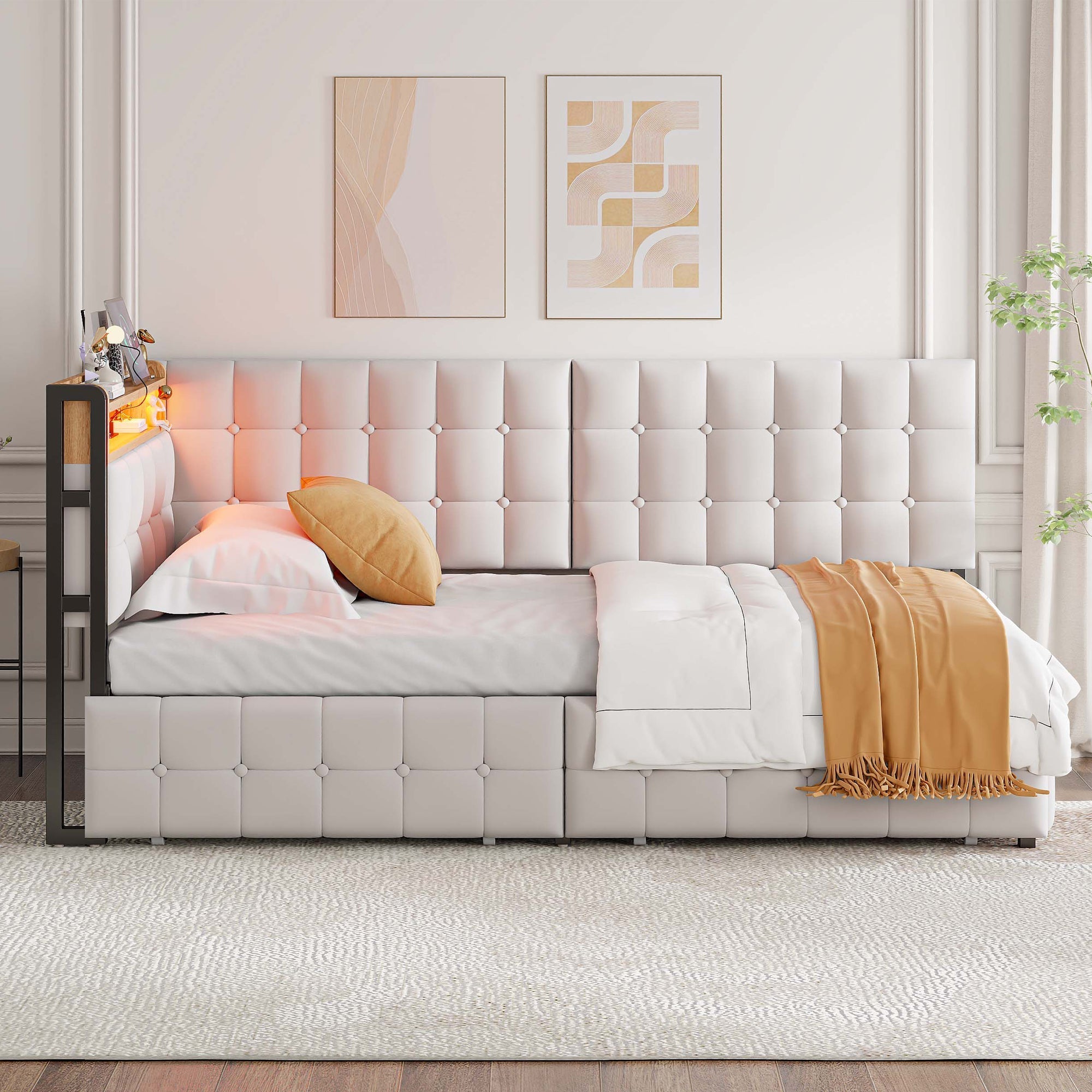 Upholstered Sofa Bed 90x200, 2 Drawers, LED Lamp, USB/Type-C Port, Beige