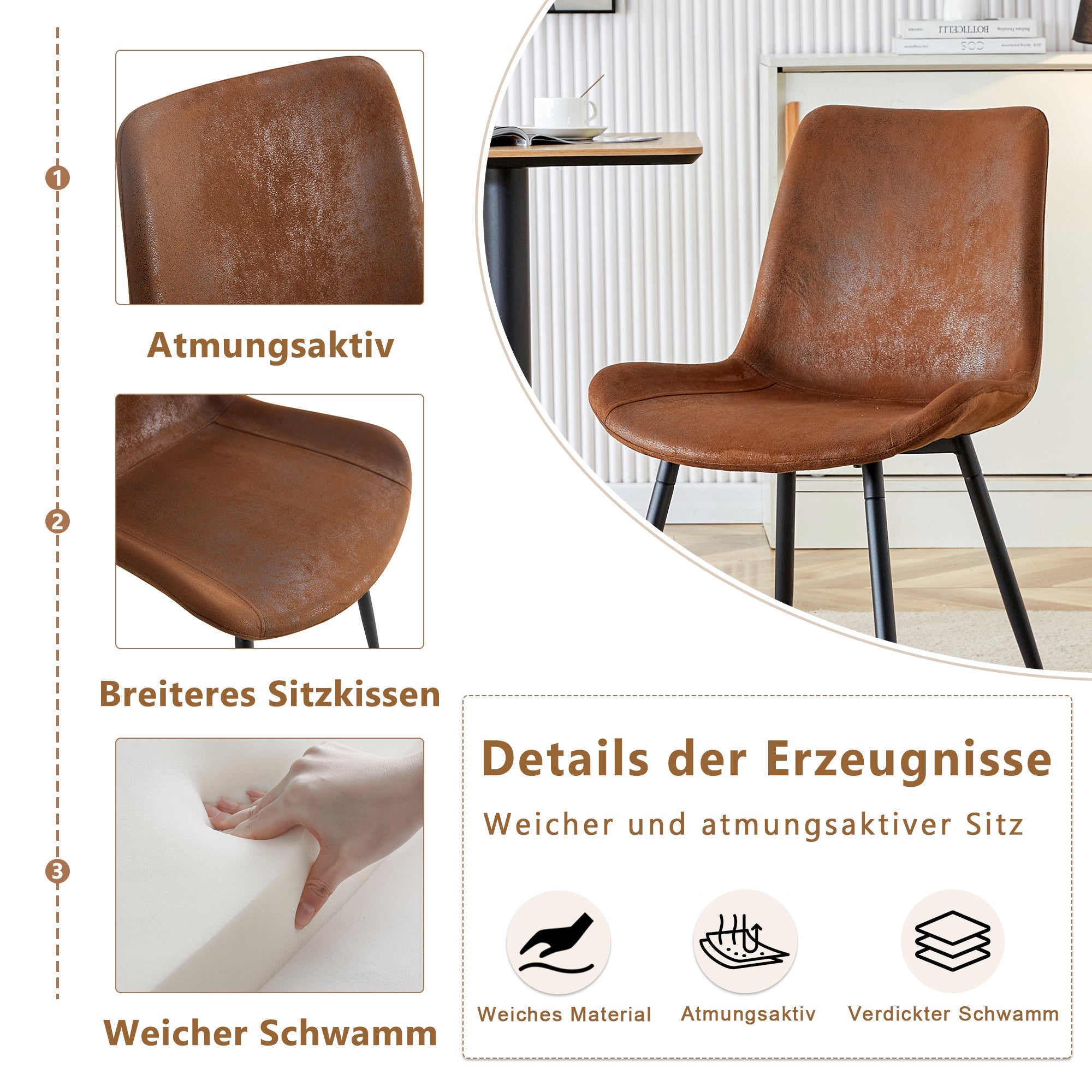 Dining Chairs Set of 4 Widened Seat Metal Legs - Brown Tech-Fabric