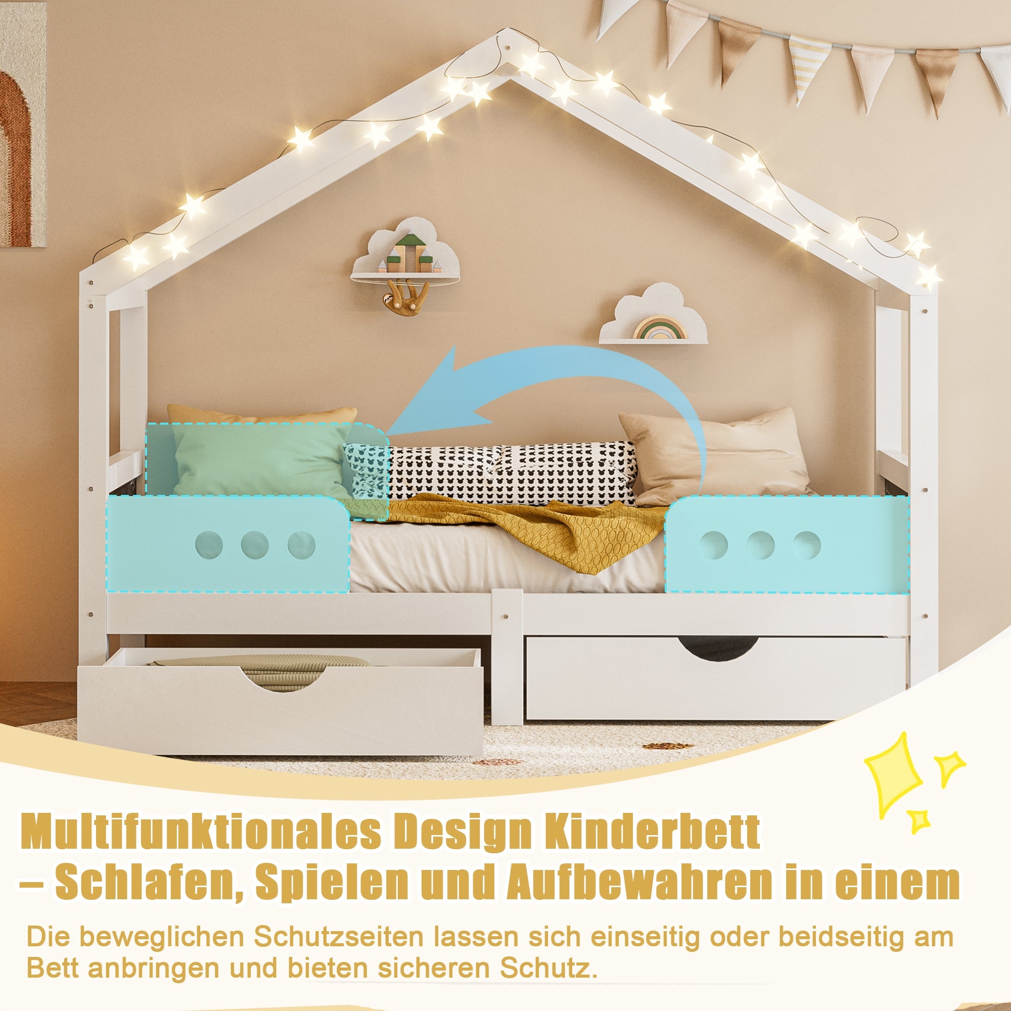 Children's Bed, Roof Design with 2 Drawers, UV Varnish Wood+MDF