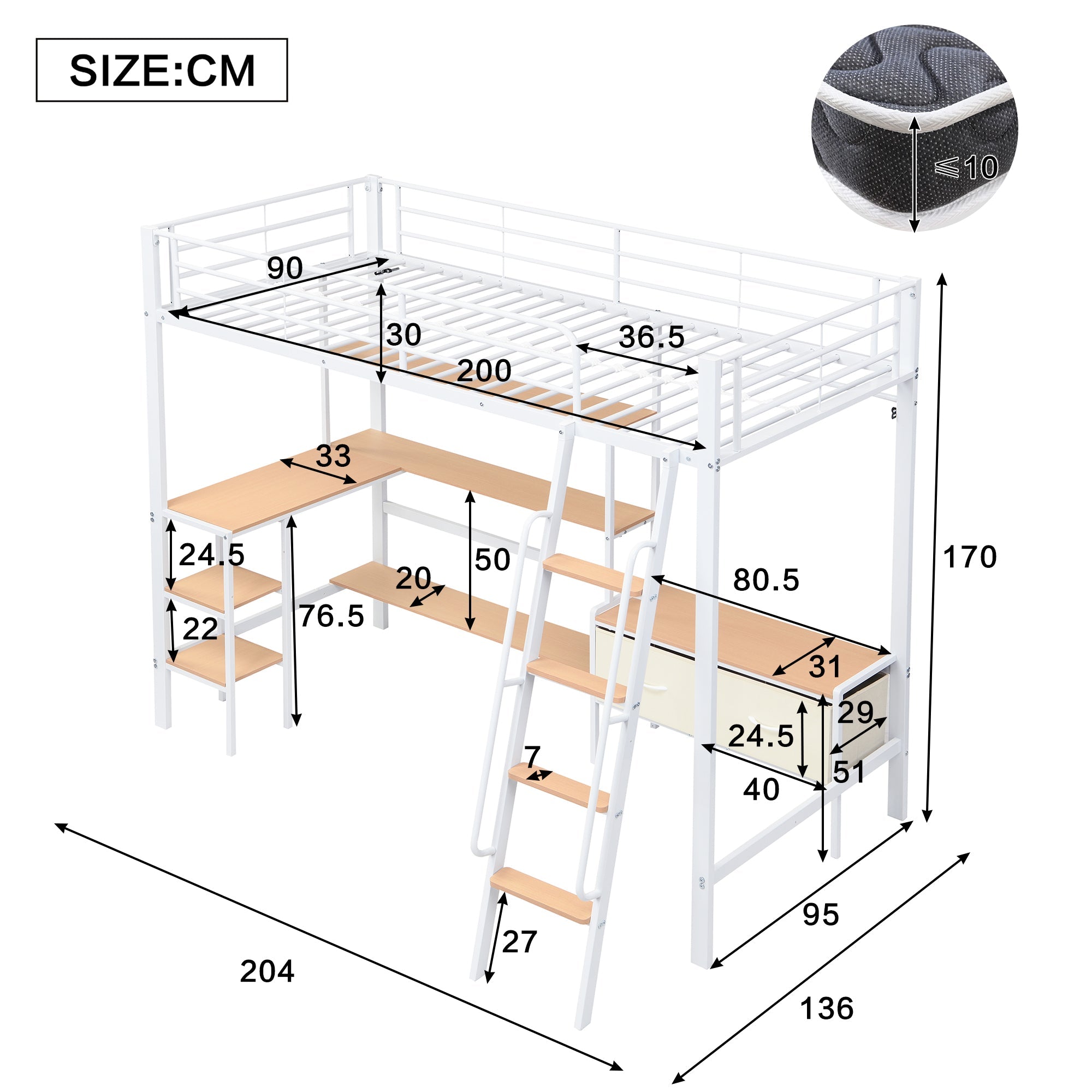 Loft Bed with Desk, Storage, Slanted Staircase, 90x200cm, Iron/MDF White/Natural