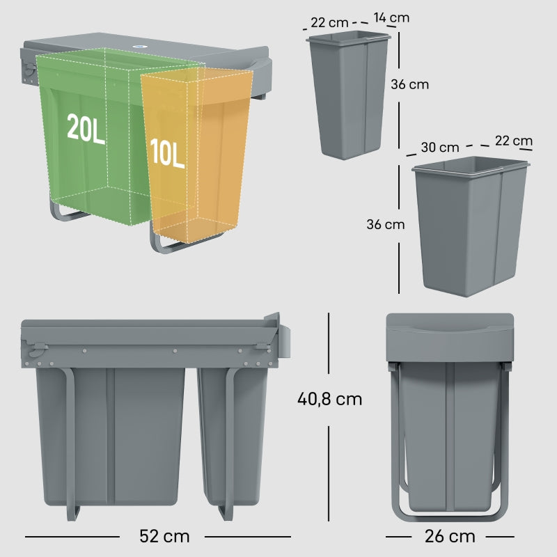 Extendable Waste Bin 30L with 2 Removable Buckets - Grey Metal