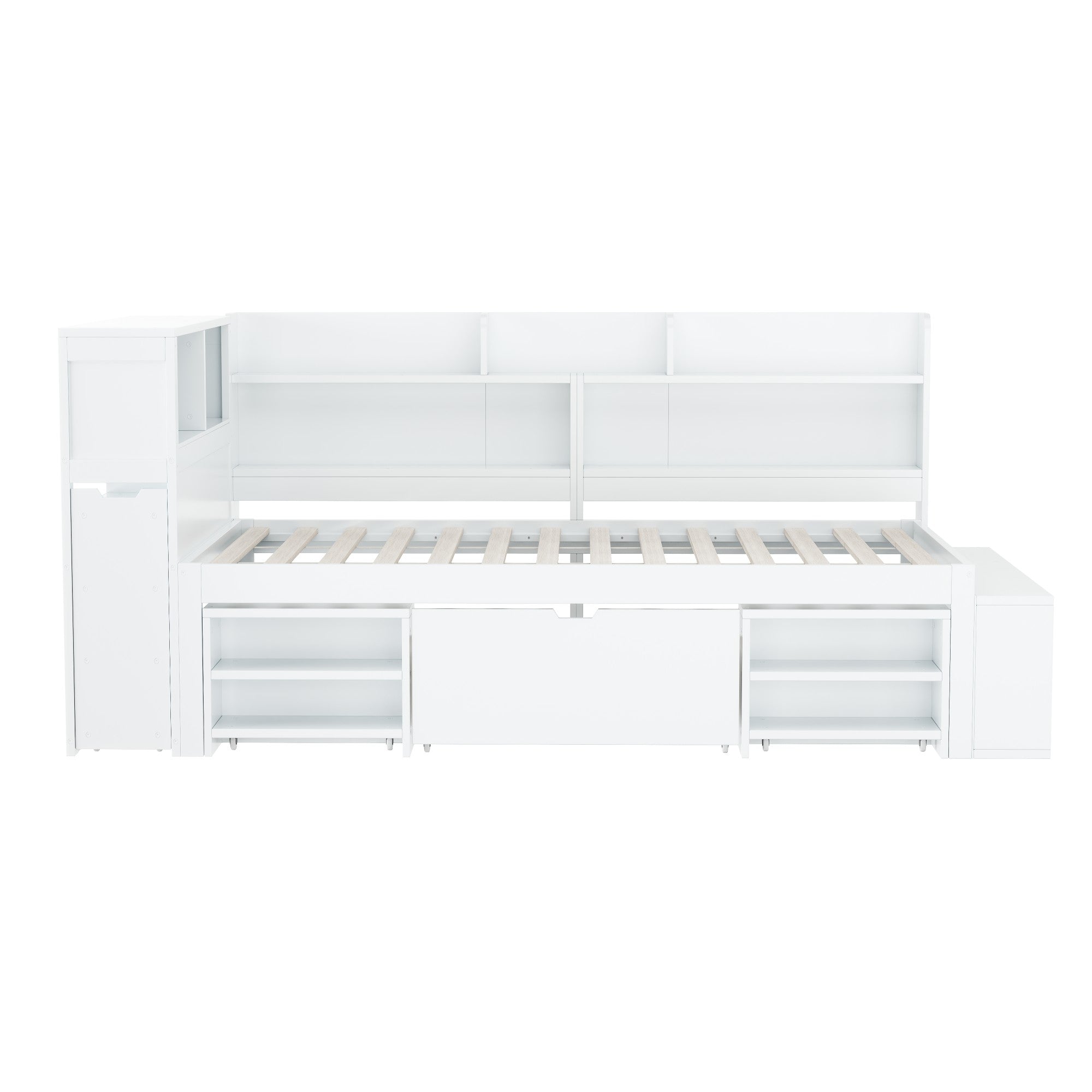 Children's Single Bed 90x200cm Storage Drawers Bookshelf - White