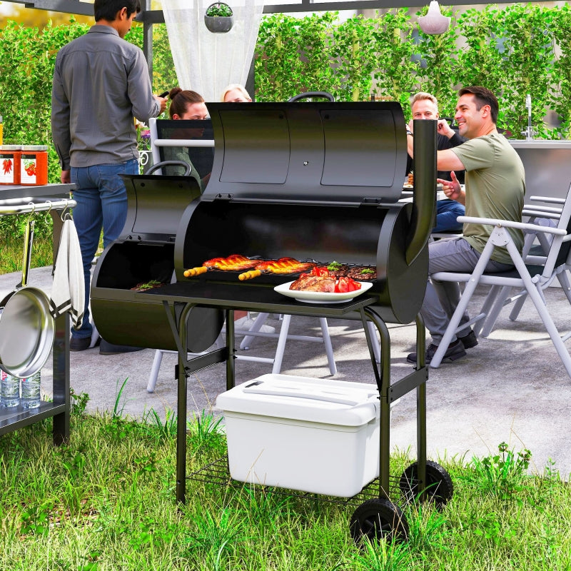 Charcoal Grill BBQ Smoker with Lid, Thermometer & Wheels, Steel