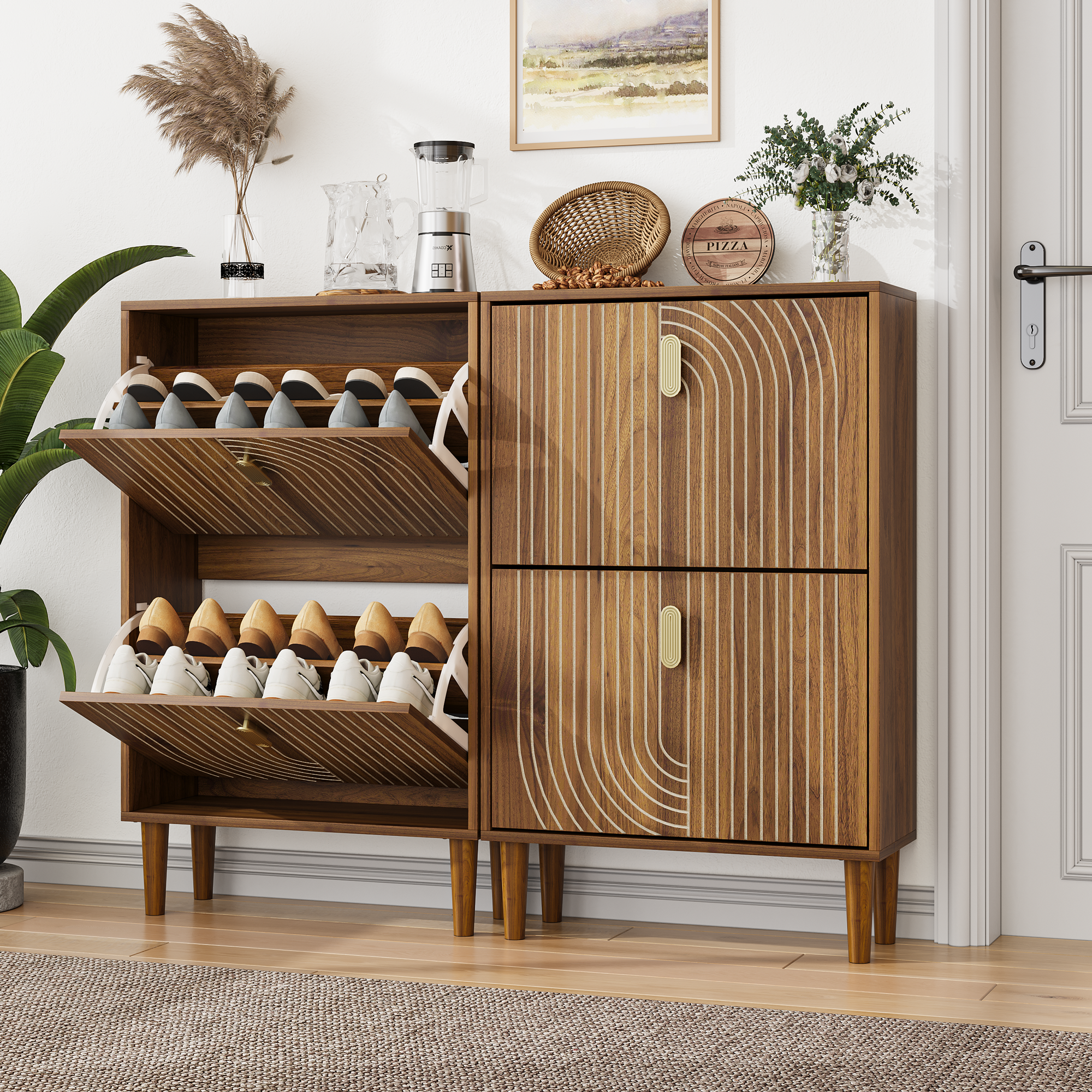 Shoe Cabinet 60cm Wide 2 Fold-Down Drawers Freestanding