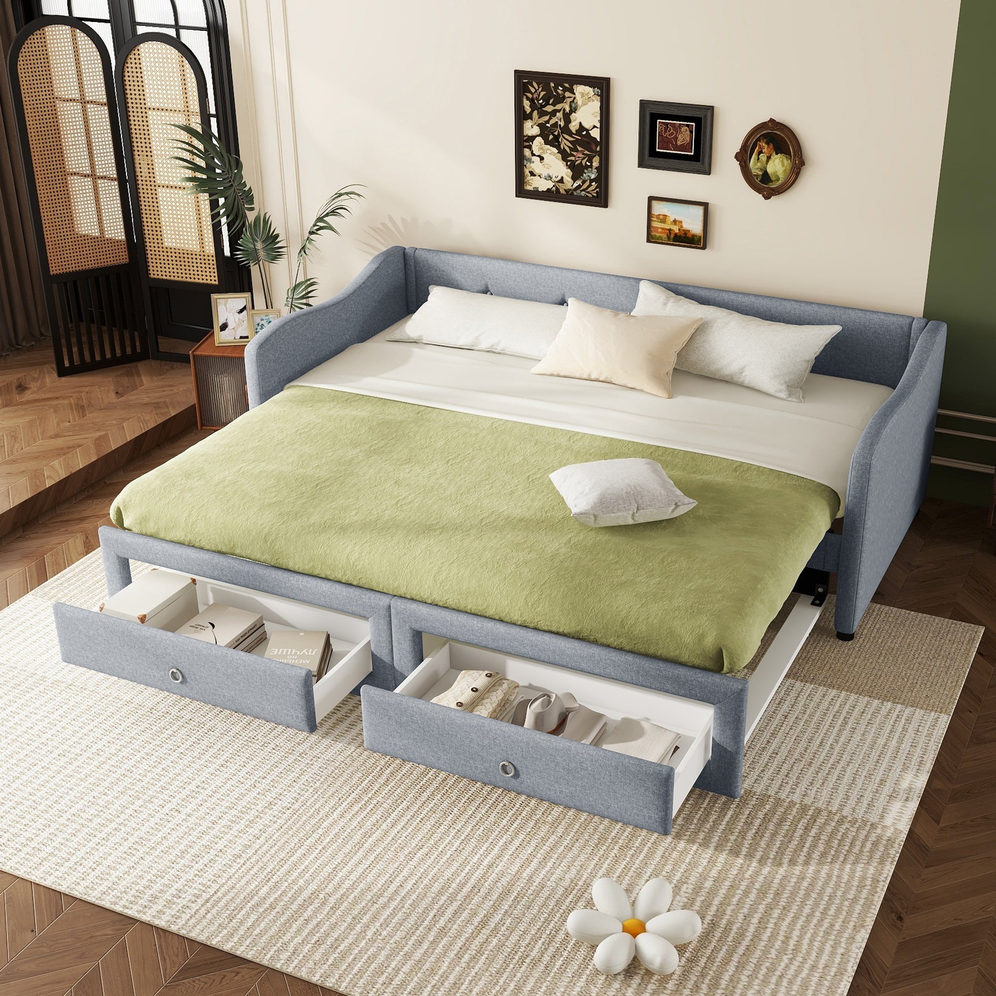 Daybed Sofa Bed 90x200cm Pull-out Bed 2 Drawers - Linen Grey
