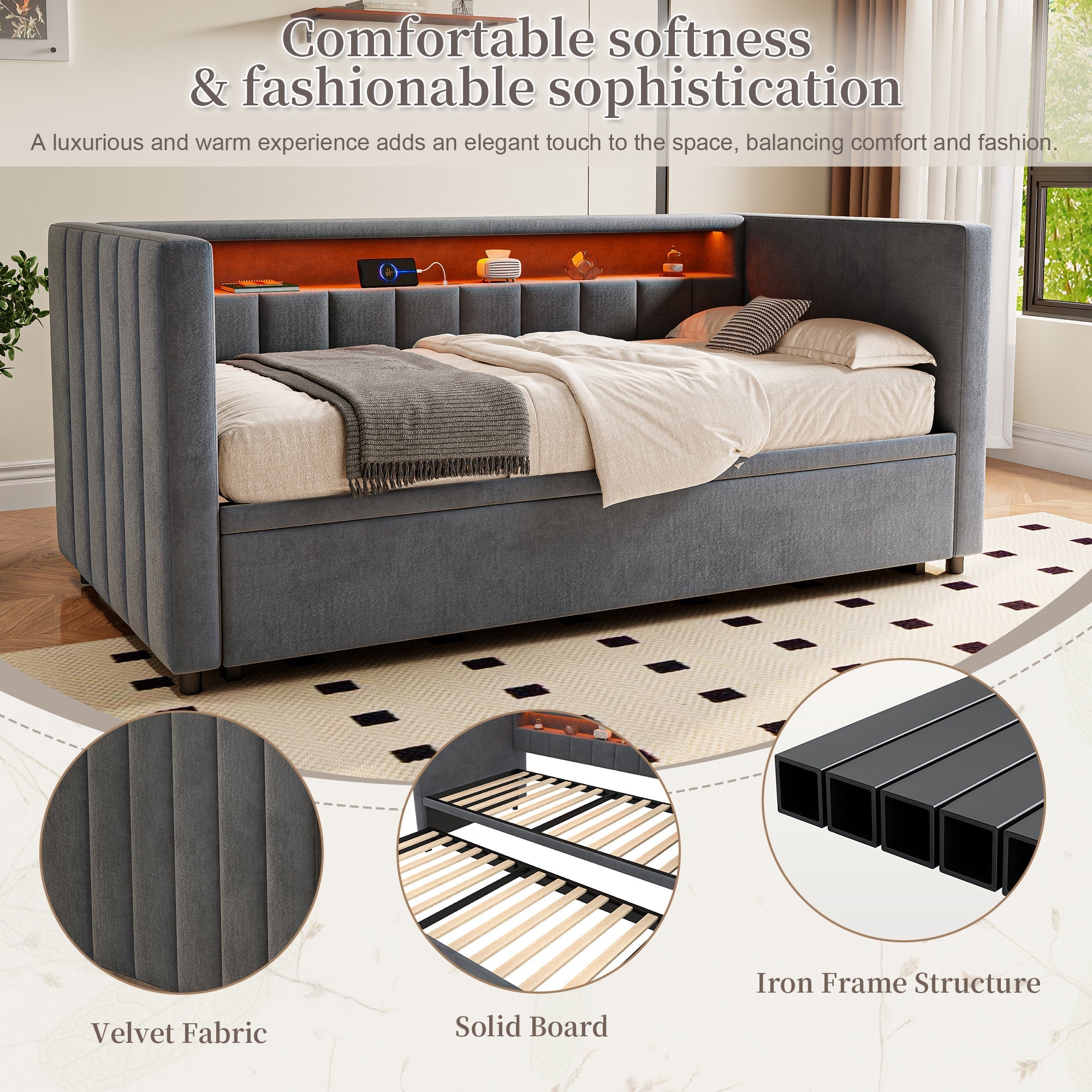 Multifunctional Sleeper Sofa with Pull-Out Bed, USB, LED, and Storage, Gray Velvet