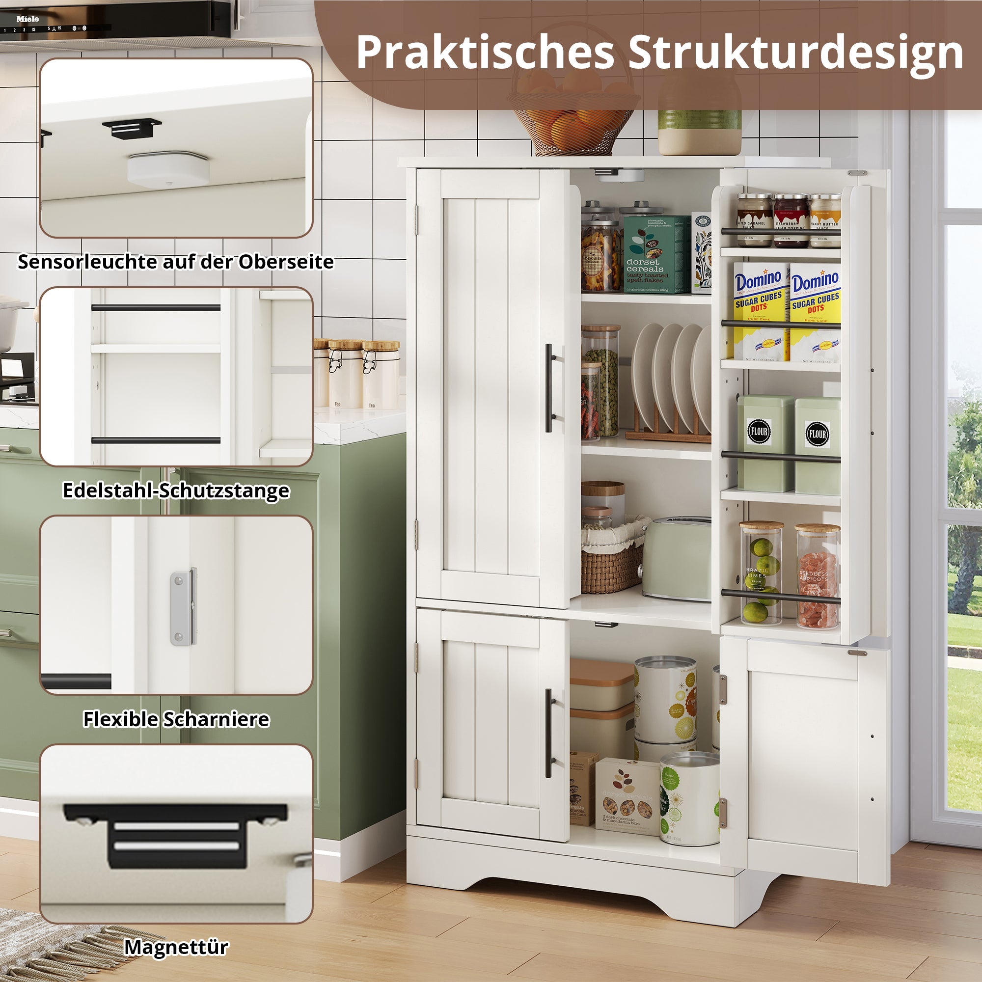 Kitchen Cabinet, LED Sensor Light, 4-Door Storage, Adjustable Shelves, White