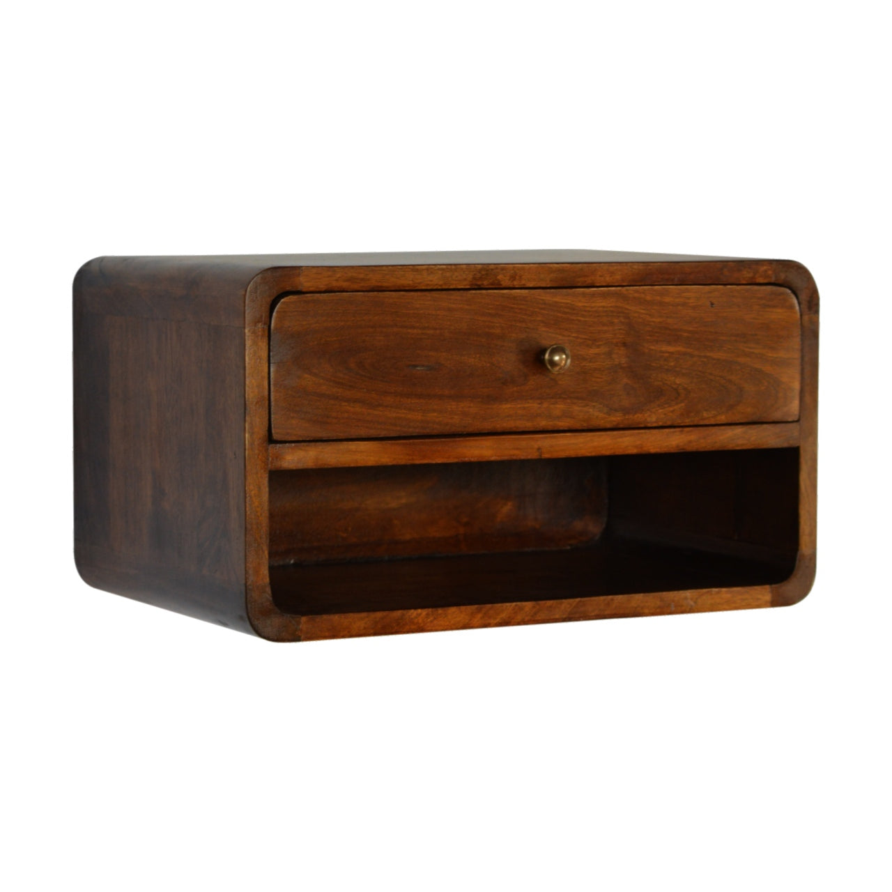 Solid Wood Chestnut Curve Floating Bedside, 1 Drawer and Open Shelf, Dark Brown