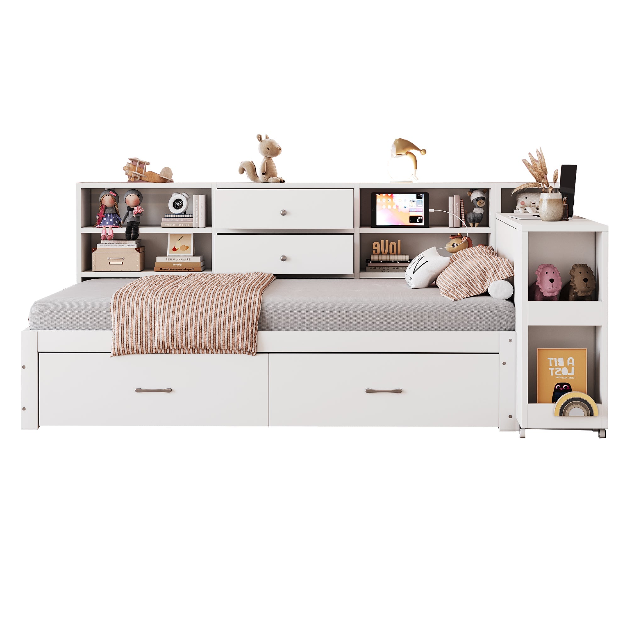 Wooden Sofa Bed 90x200cm Multifunctional Storage Pull-Out Desk, White