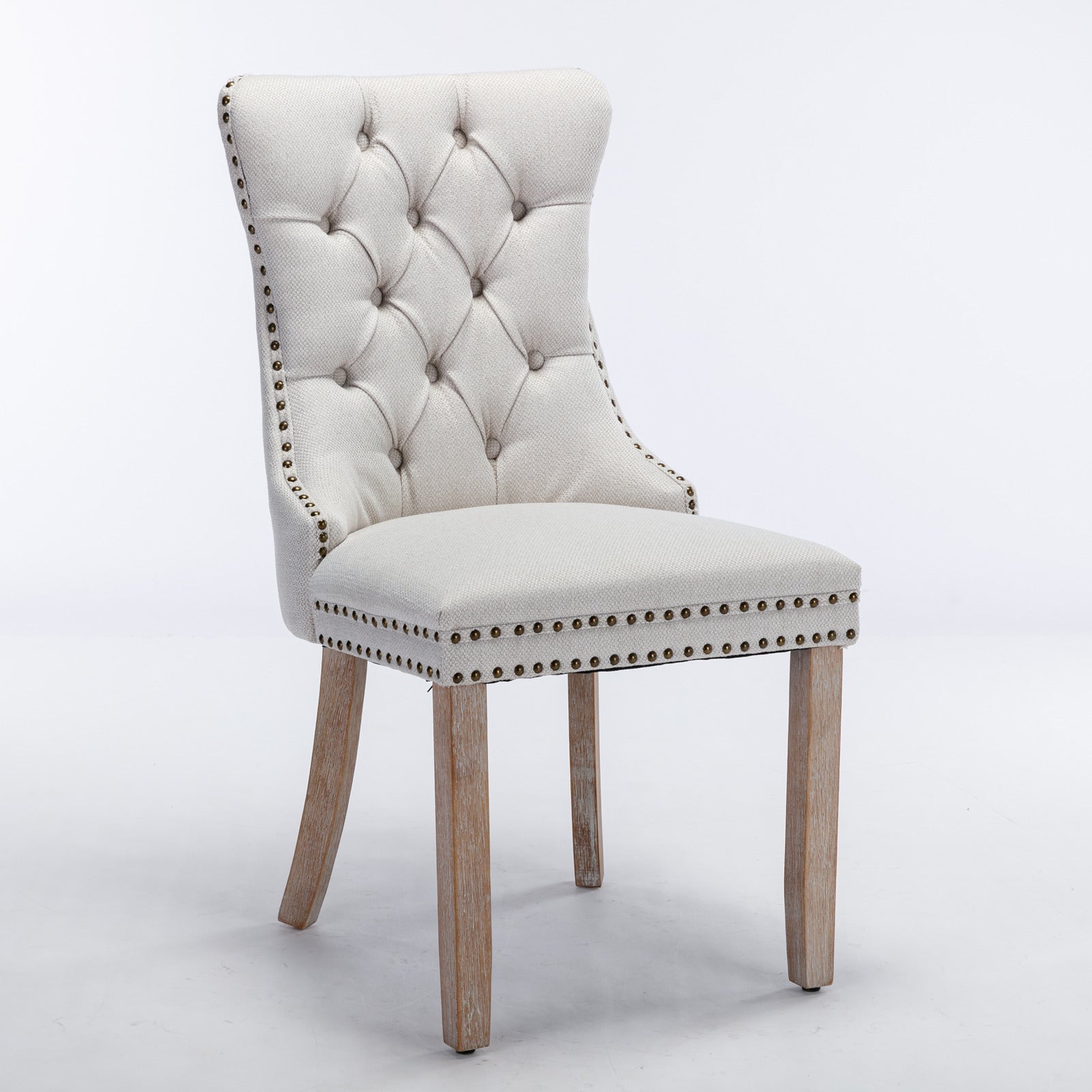Nikki Collection Tufted Linen Dining Chair Nailhead Trim Wood Legs 2-Pcs Set - Beige - Clearance