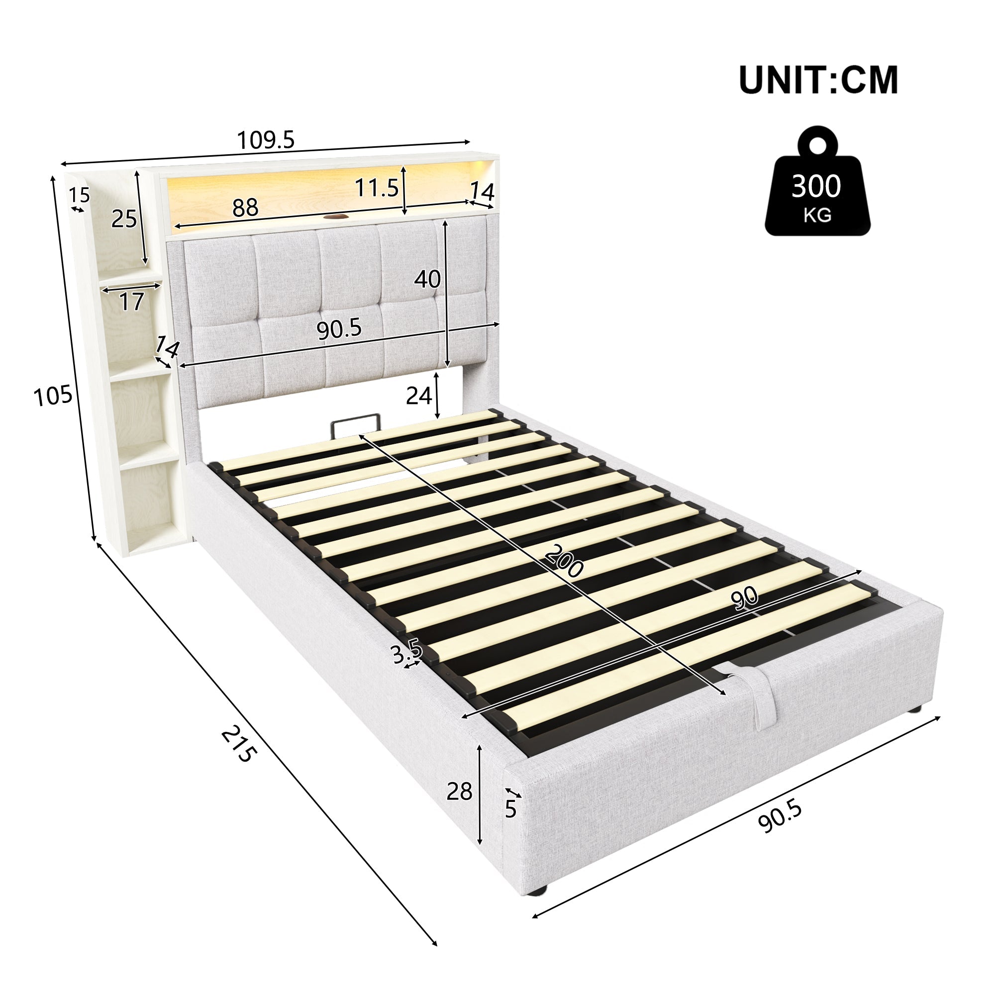 Upholstered Bed 90x200cm Multifunctional Storage LED USB/Type-C App Control - Linen Beige