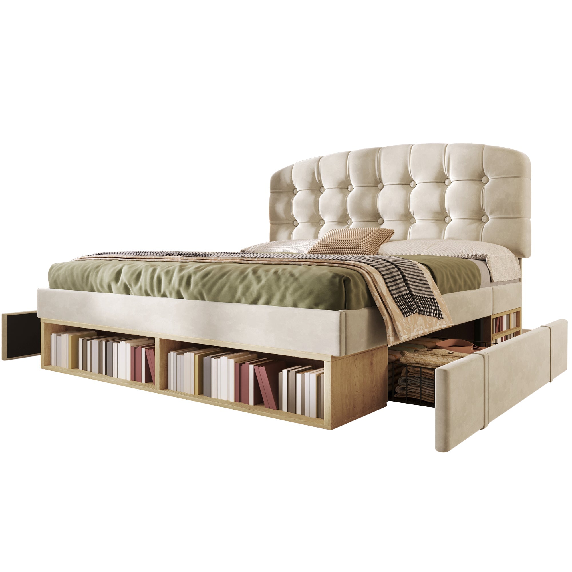 Upholstered Double Bed with Drawers, Storage and Adjustable Headboard, 140x200cm, Beige Velvet