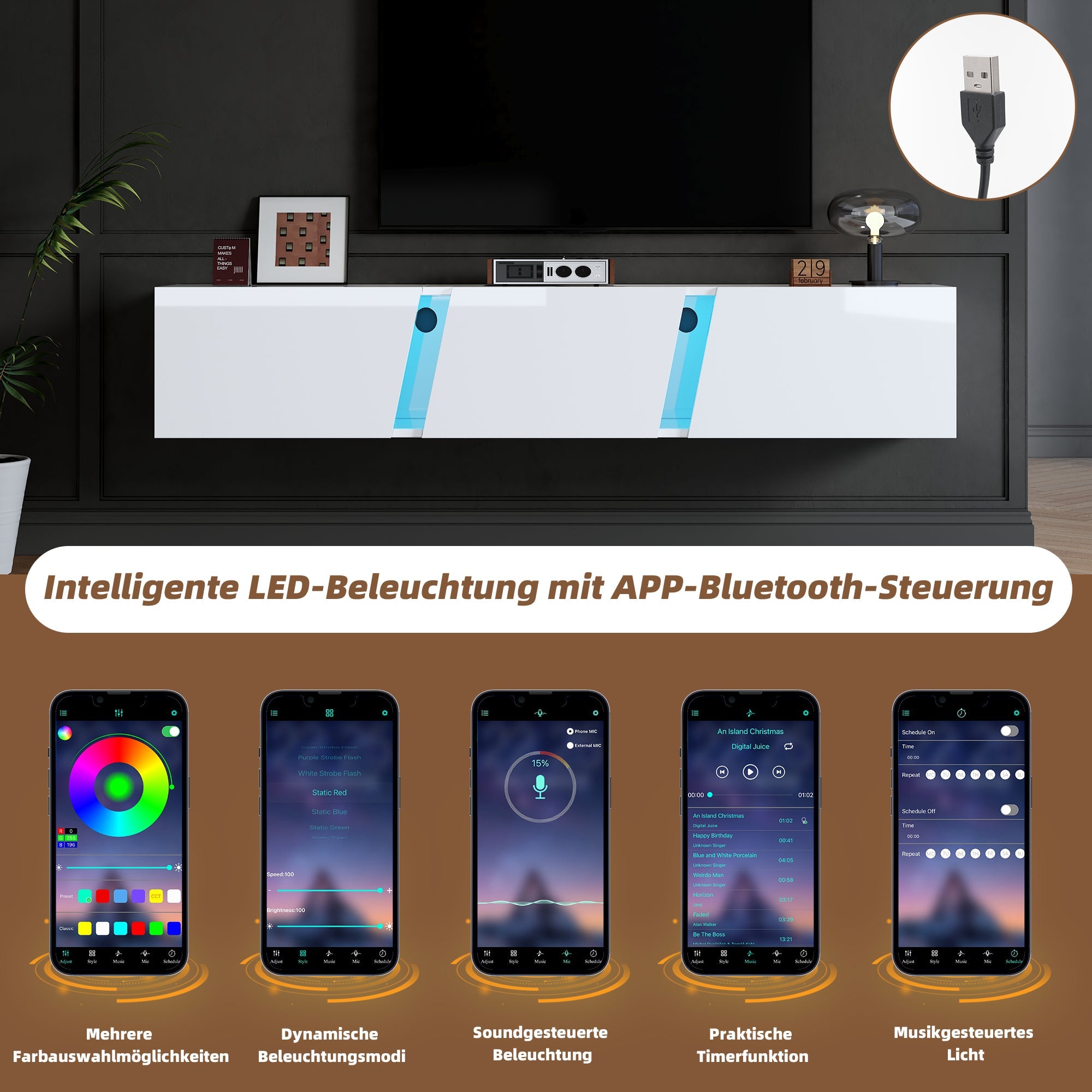 TV Cabinet 180cm Wall-Mounted Lowboard with LED Lights, 3 Doors, White