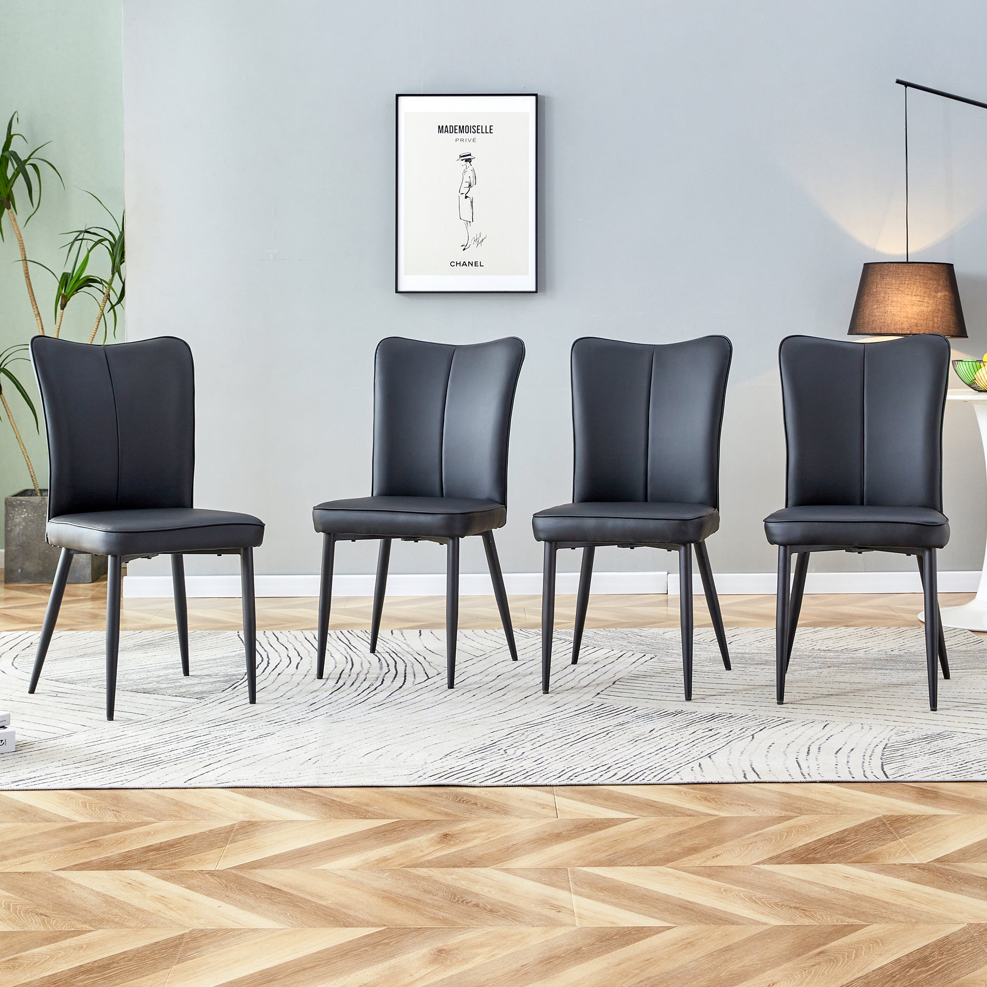 Dining Chair Modern Minimalist PU Leather Back Metal Legs - Black