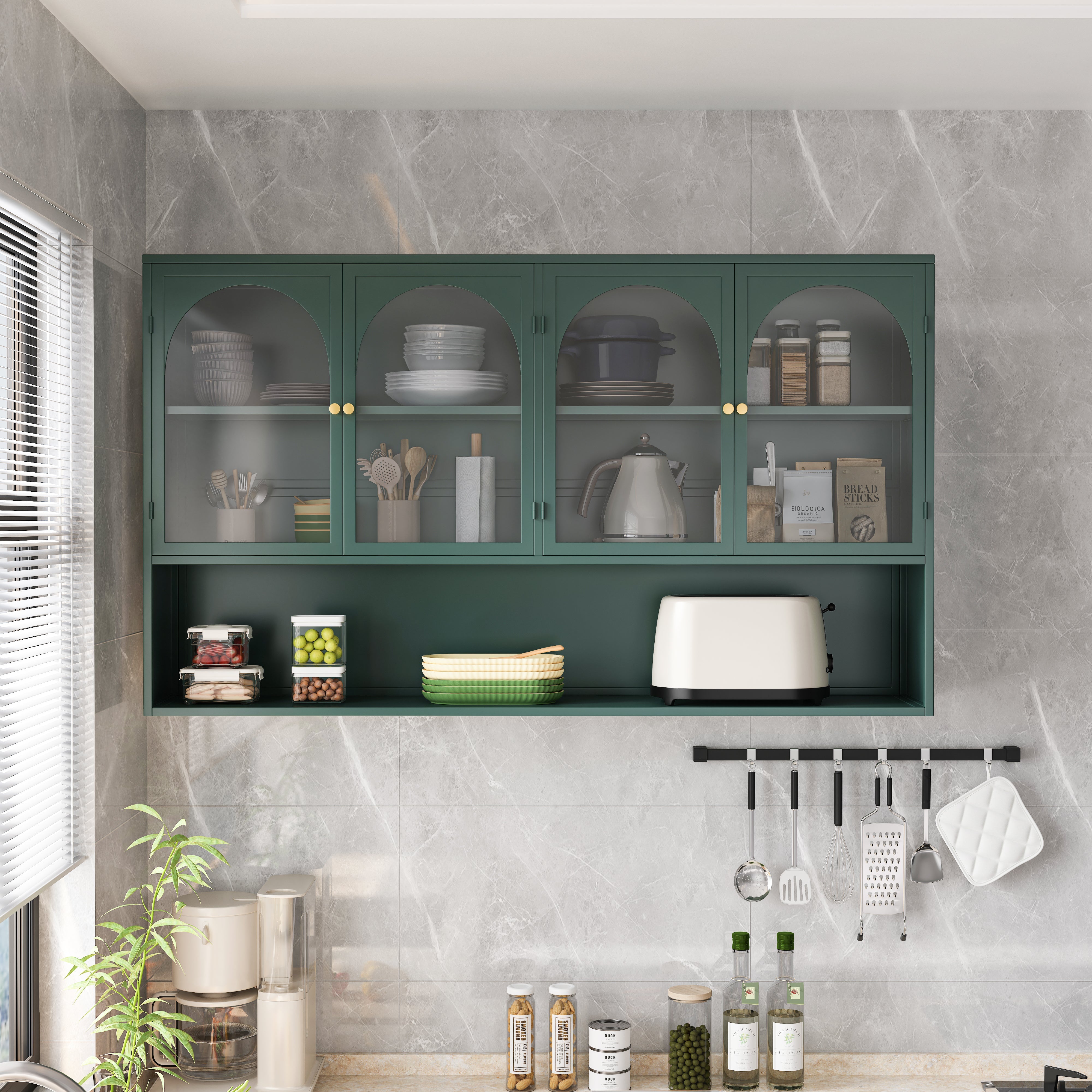 Four-door Glass Wall Cabinet, 120CM Wall-mounted, Dark Green