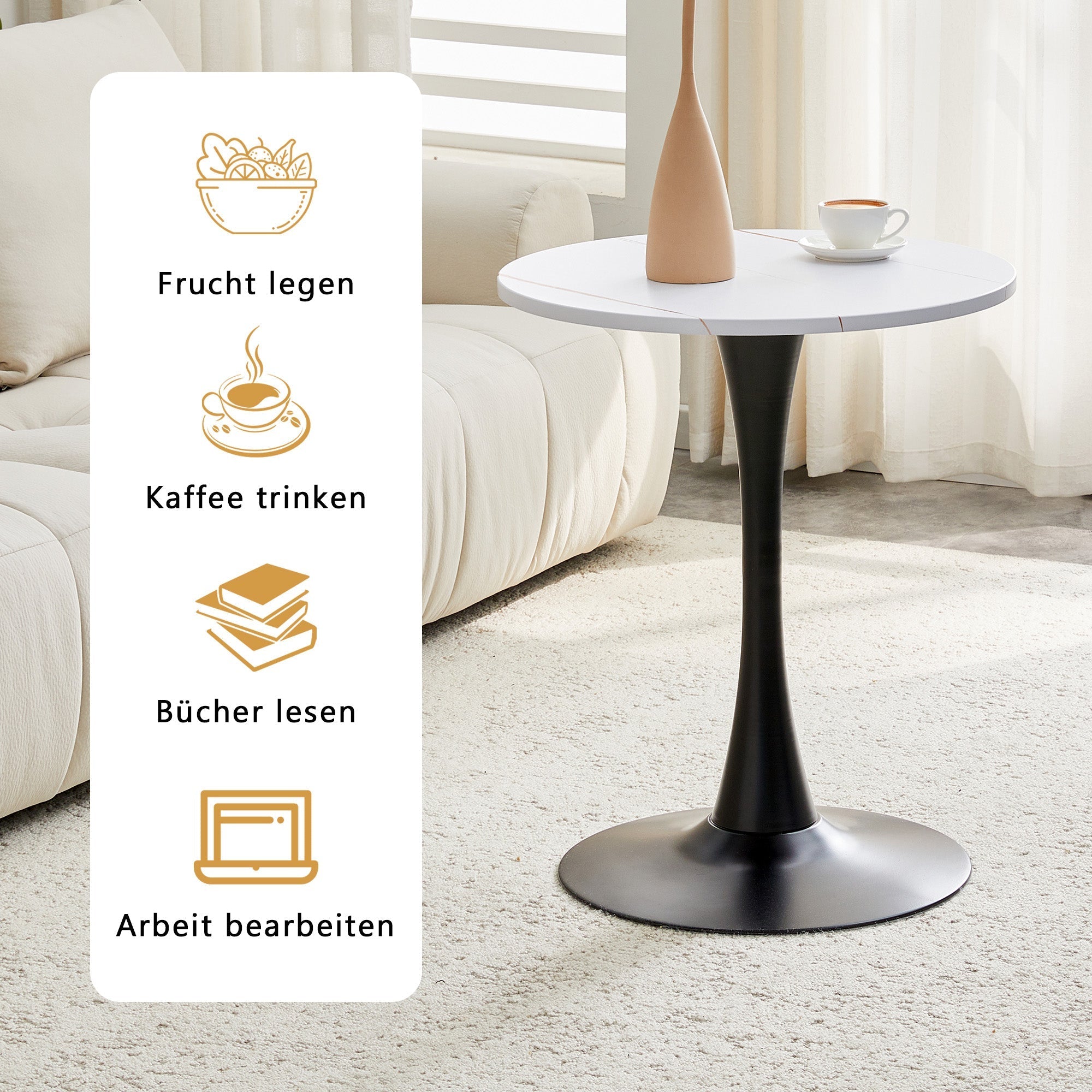 Round 60cm Side Table Small Dining Table MDF Thermoforming Black Leg White Grain Look