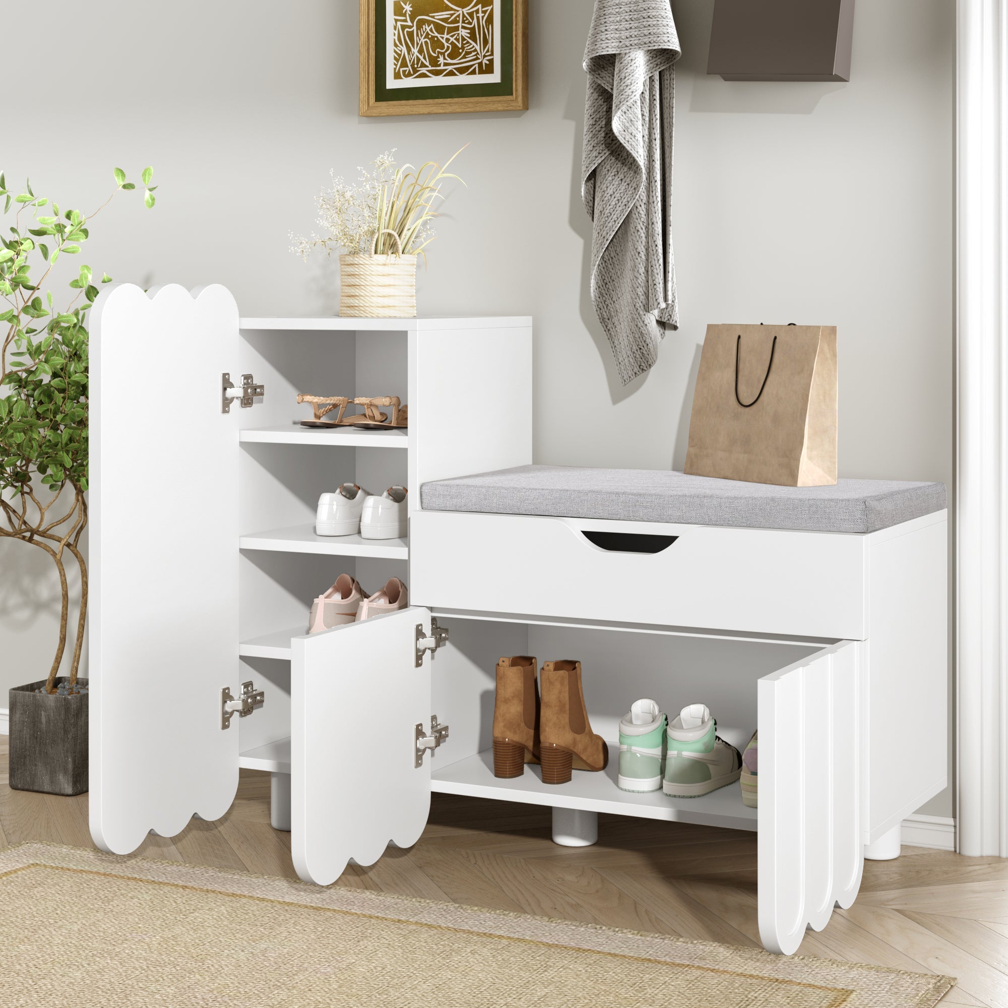 Modern 3-door shoe cabinet with drawer and seat cushion, white