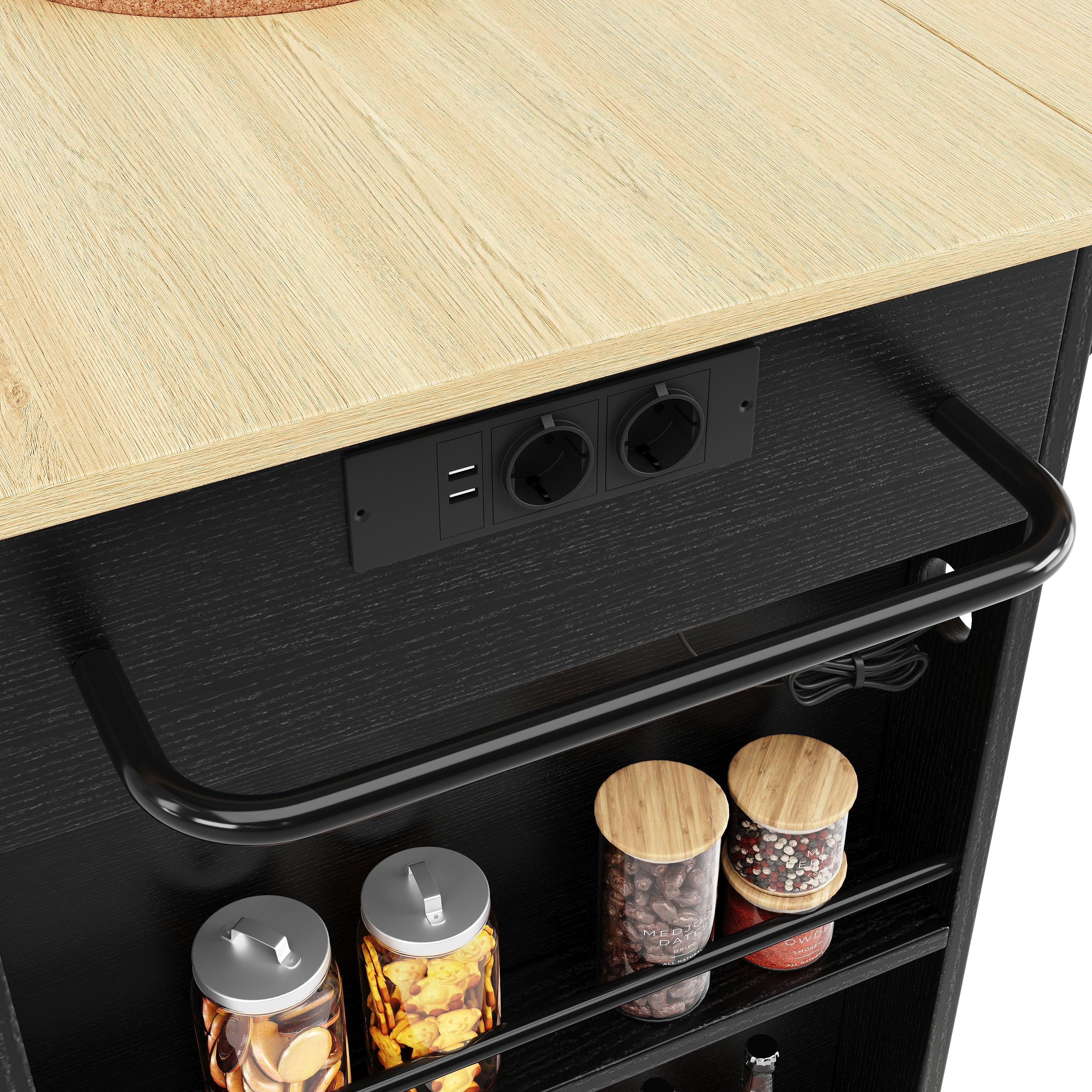 Kitchen Island Trolley Worktop Power Strip Wood Grain Storage - Black