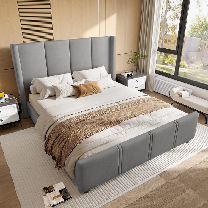 Upholstered Bed Frame, 160x200cm Modern with USB Port, Iron & Wood, Grey