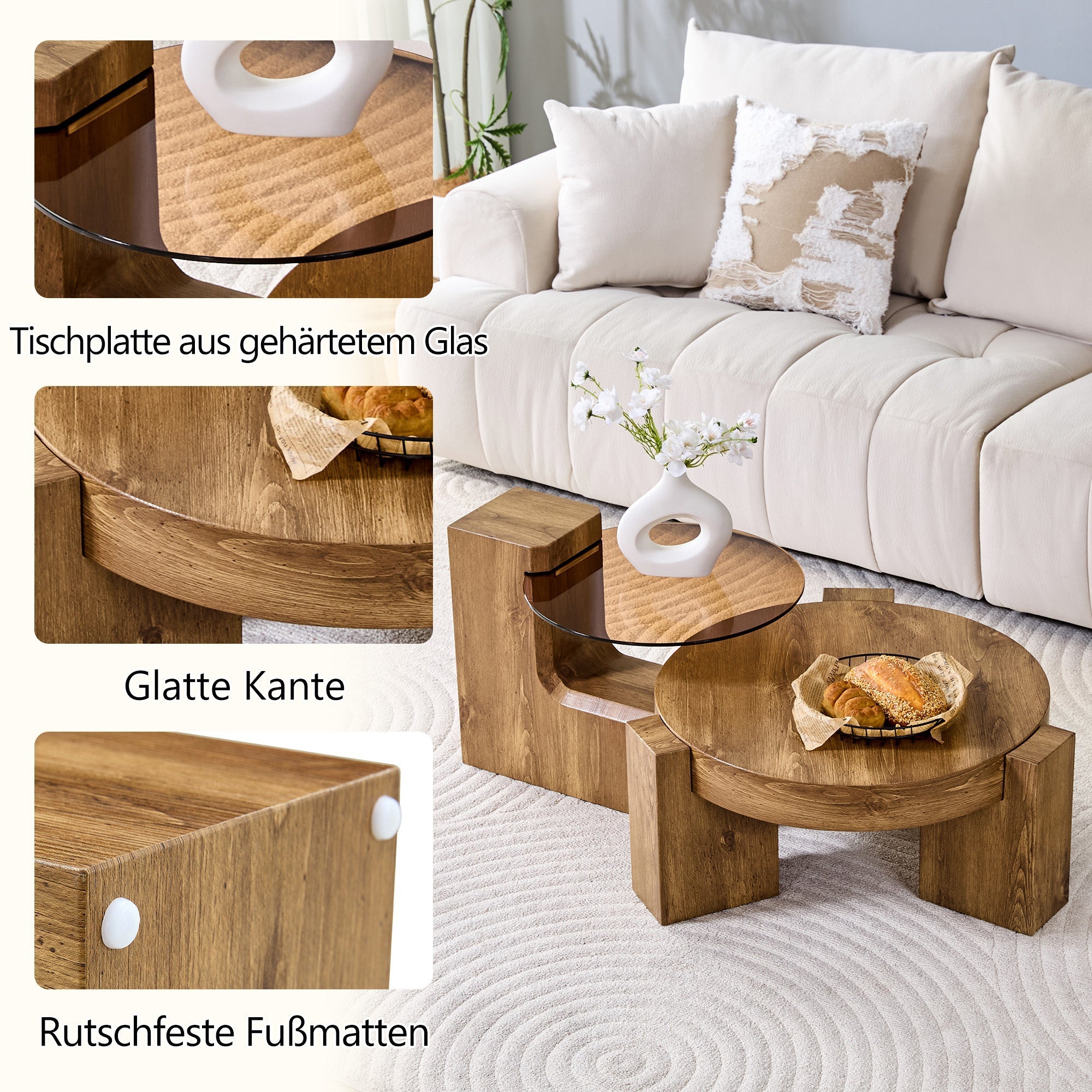 Separable Coffee Table Set MDF Wood Look Safety Glass - Brown Tinted