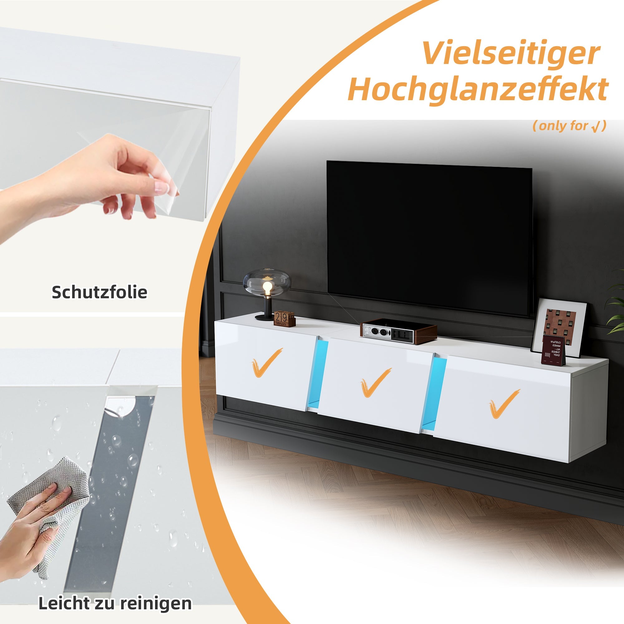 TV Cabinet 180cm Wall-Mounted Lowboard with LED Lights, 3 Doors, White