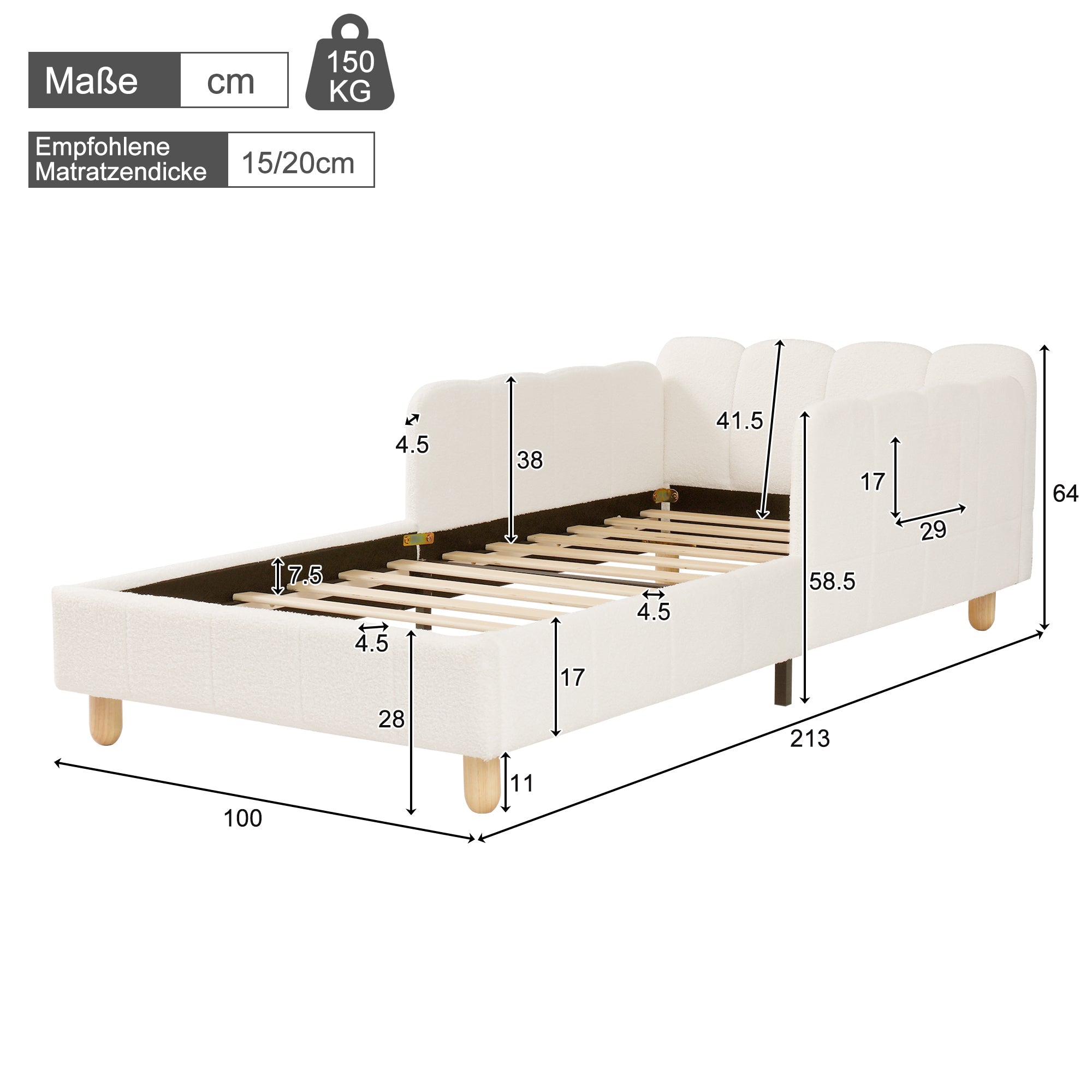 Upholstered Children's Bed, 90x200cm Single Bed with Safety Rail and Solid Wood Legs, Beige Bouclé