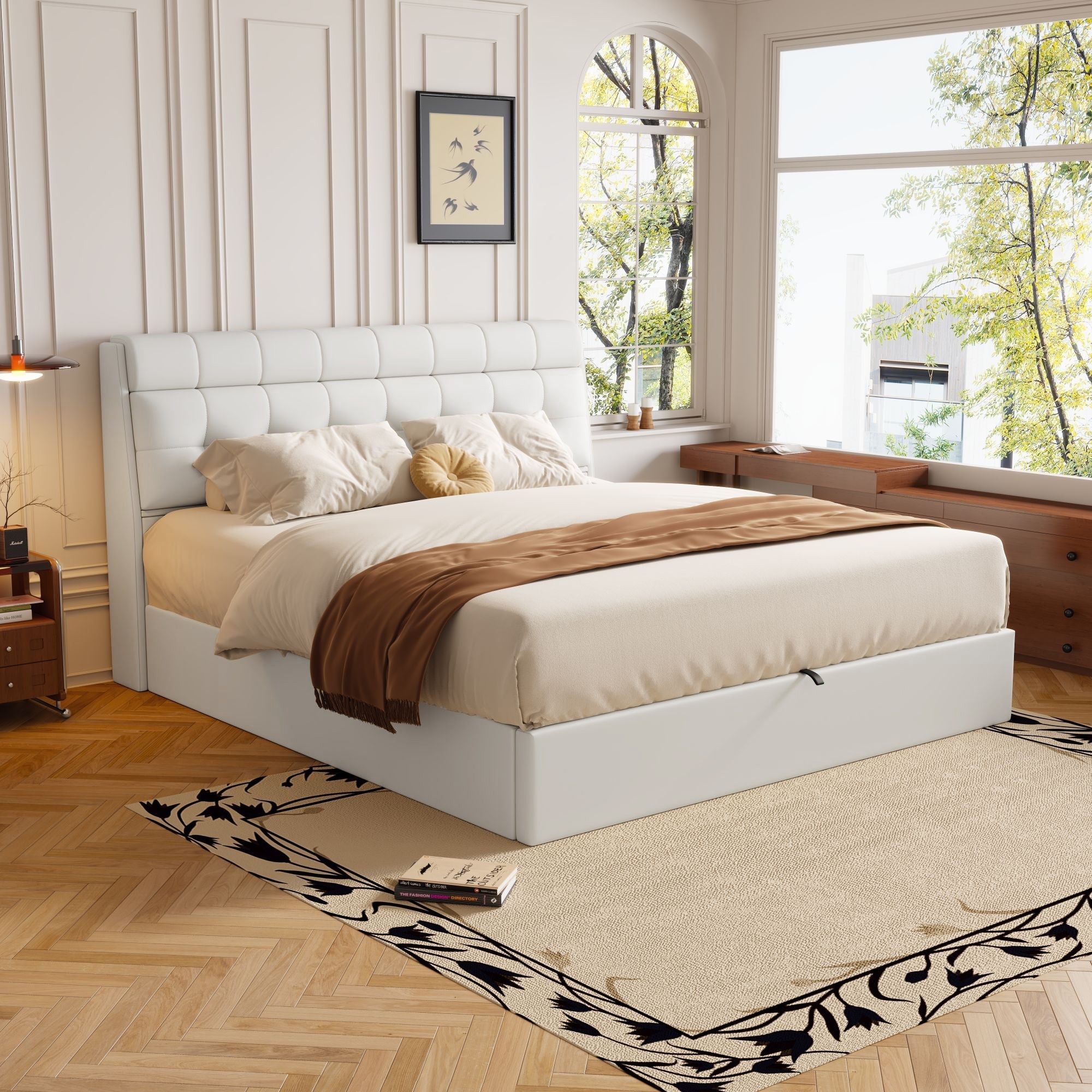 Upholstered Bed 140x190cm Hydraulic Storage Hidden Headboard Storage - PU White