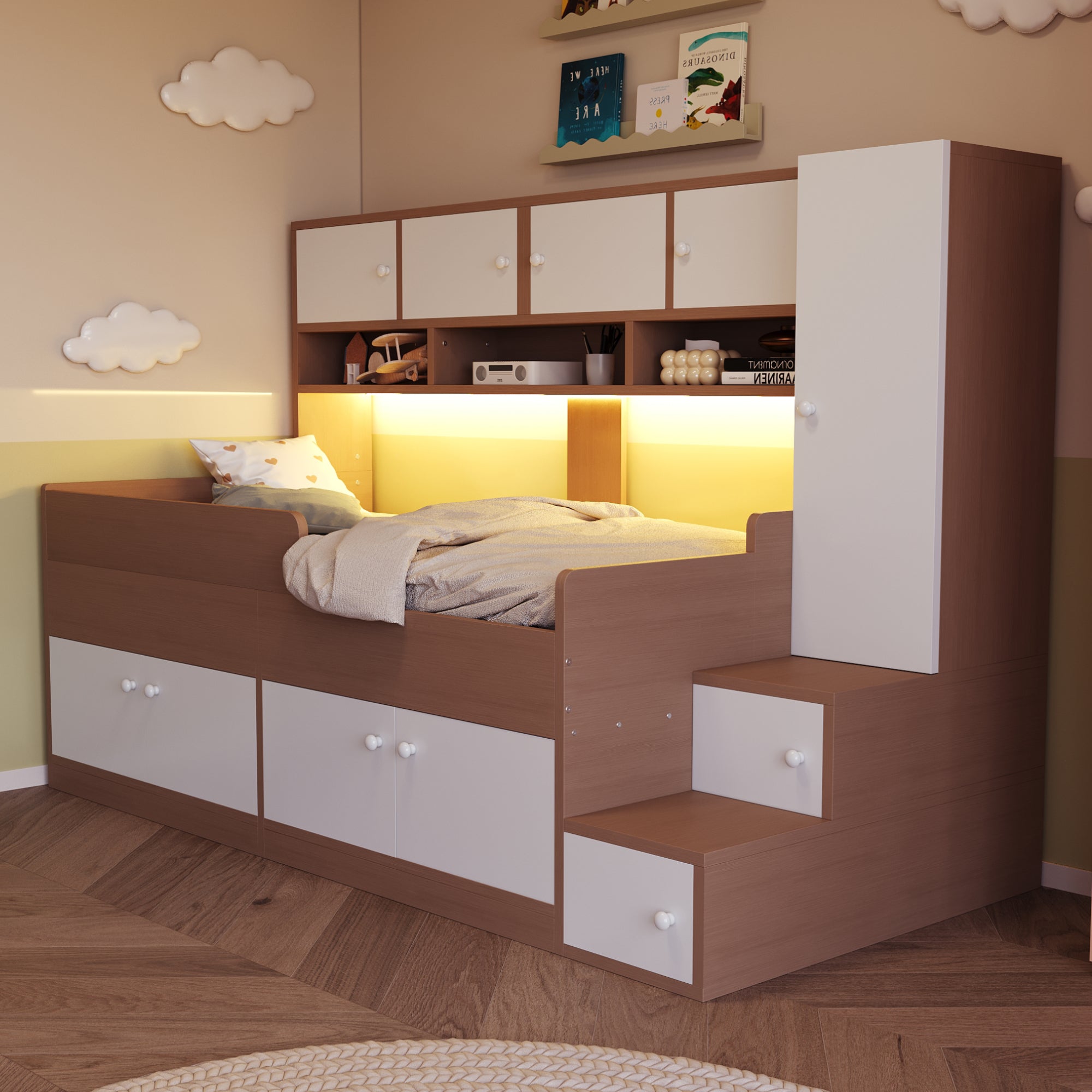 Wooden Children's Bed with Wardrobe, Shelves, Ladder and LED Lighting, 90x200cm, Wood Color