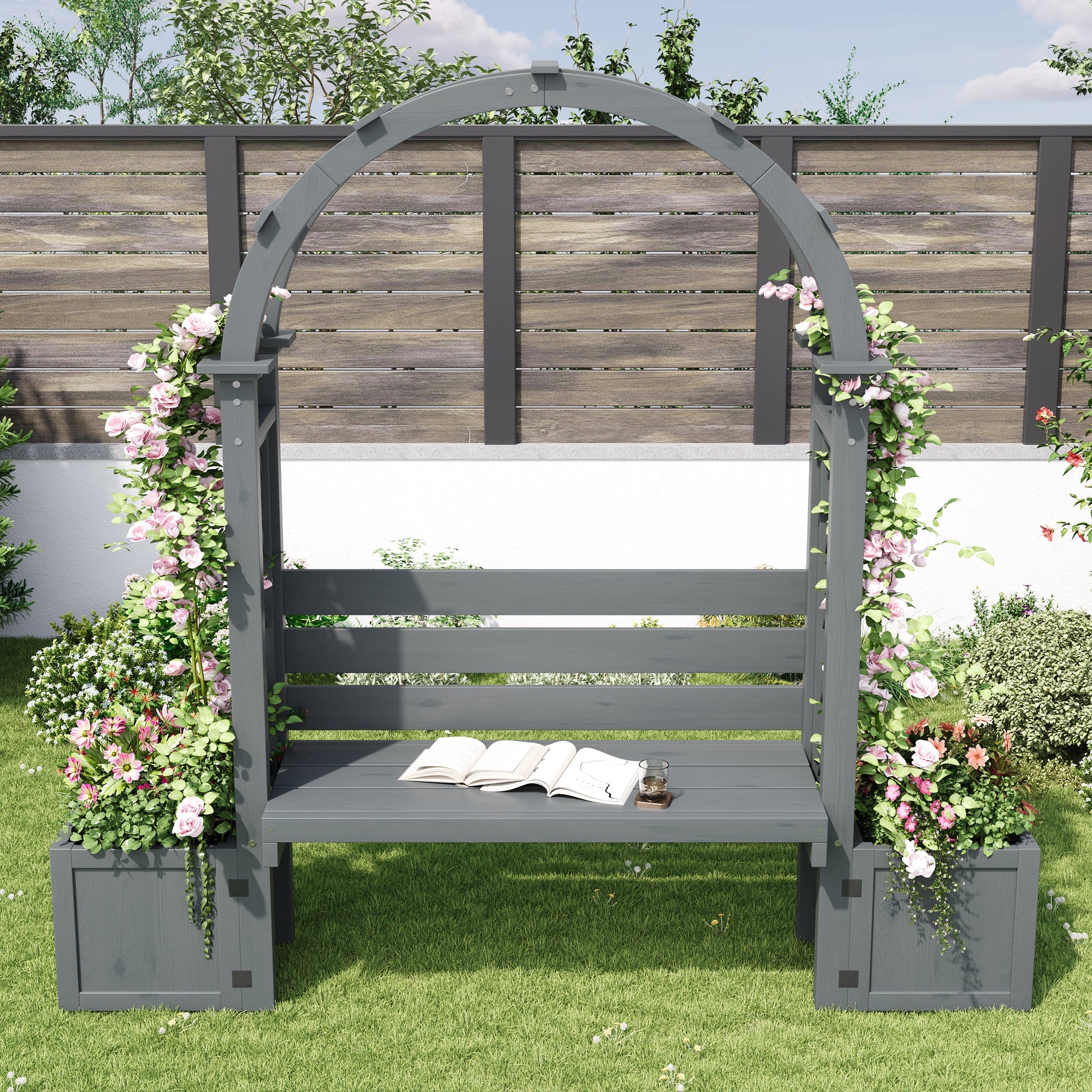 Planter with Trellis and Seating for Garden Yard and Patio, Wood