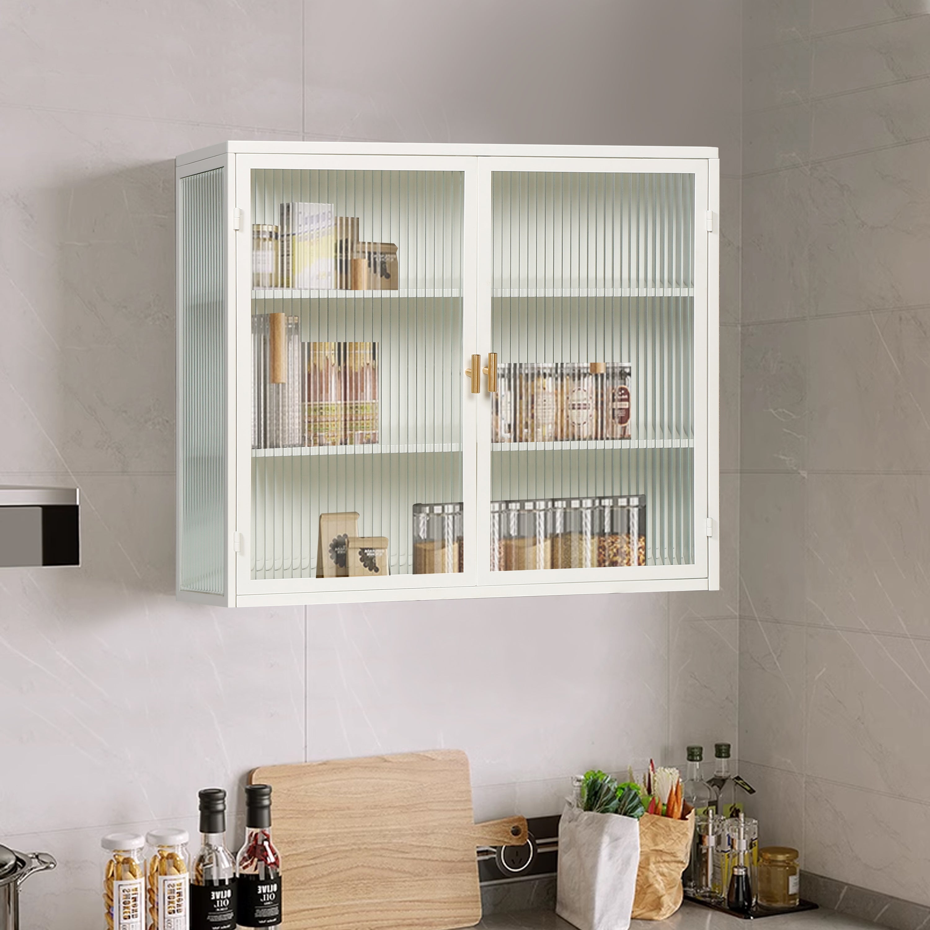 70CM Glass Doors Modern Two-Door Wall Cabinet with Three-Tier Storage White
